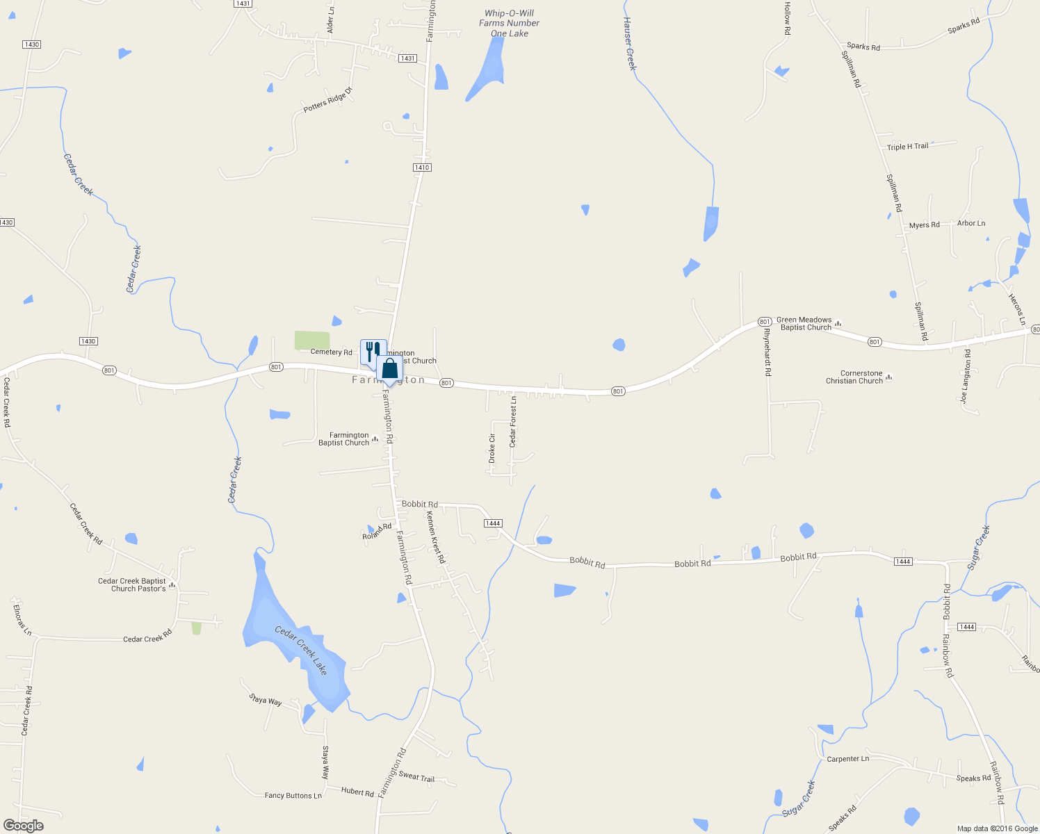 map of restaurants, bars, coffee shops, grocery stores, and more near 135 Cedar Forest Lane in Mocksville