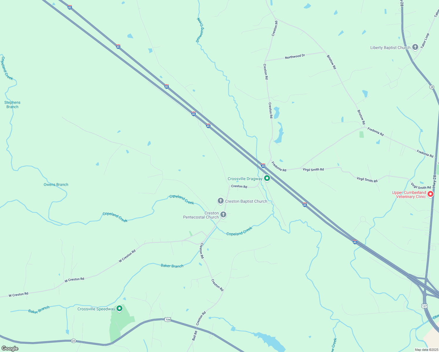 map of restaurants, bars, coffee shops, grocery stores, and more near 115 Joe Tabor Road in Crossville