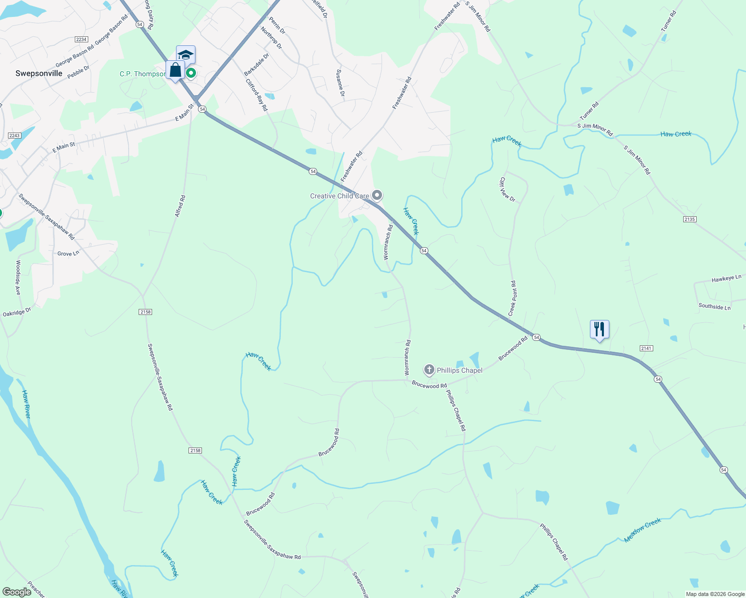 map of restaurants, bars, coffee shops, grocery stores, and more near 2955 Wormranch Rd in Haw River