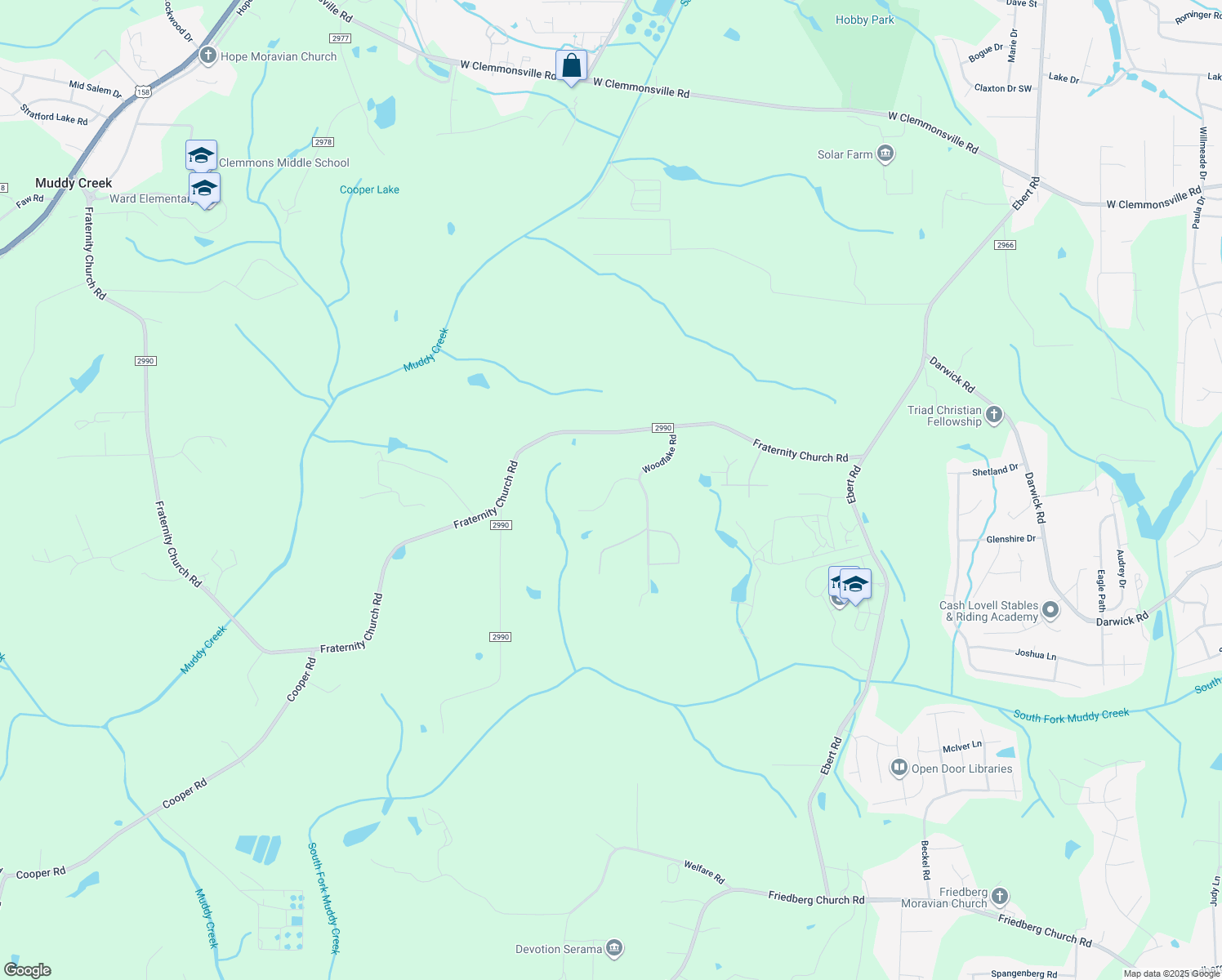 map of restaurants, bars, coffee shops, grocery stores, and more near Fireside Lane in Winston-Salem