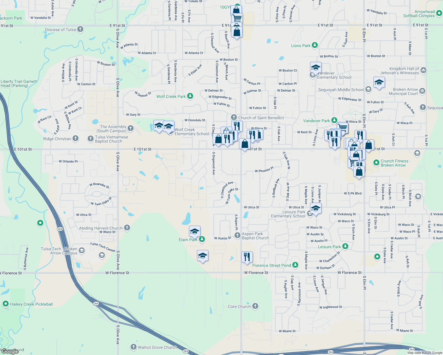 map of restaurants, bars, coffee shops, grocery stores, and more near 2409 West Roanoke Street in Broken Arrow