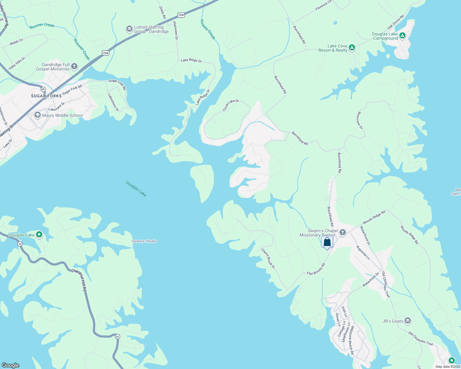 map of restaurants, bars, coffee shops, grocery stores, and more near 1100 Beechwood Drive in Dandridge