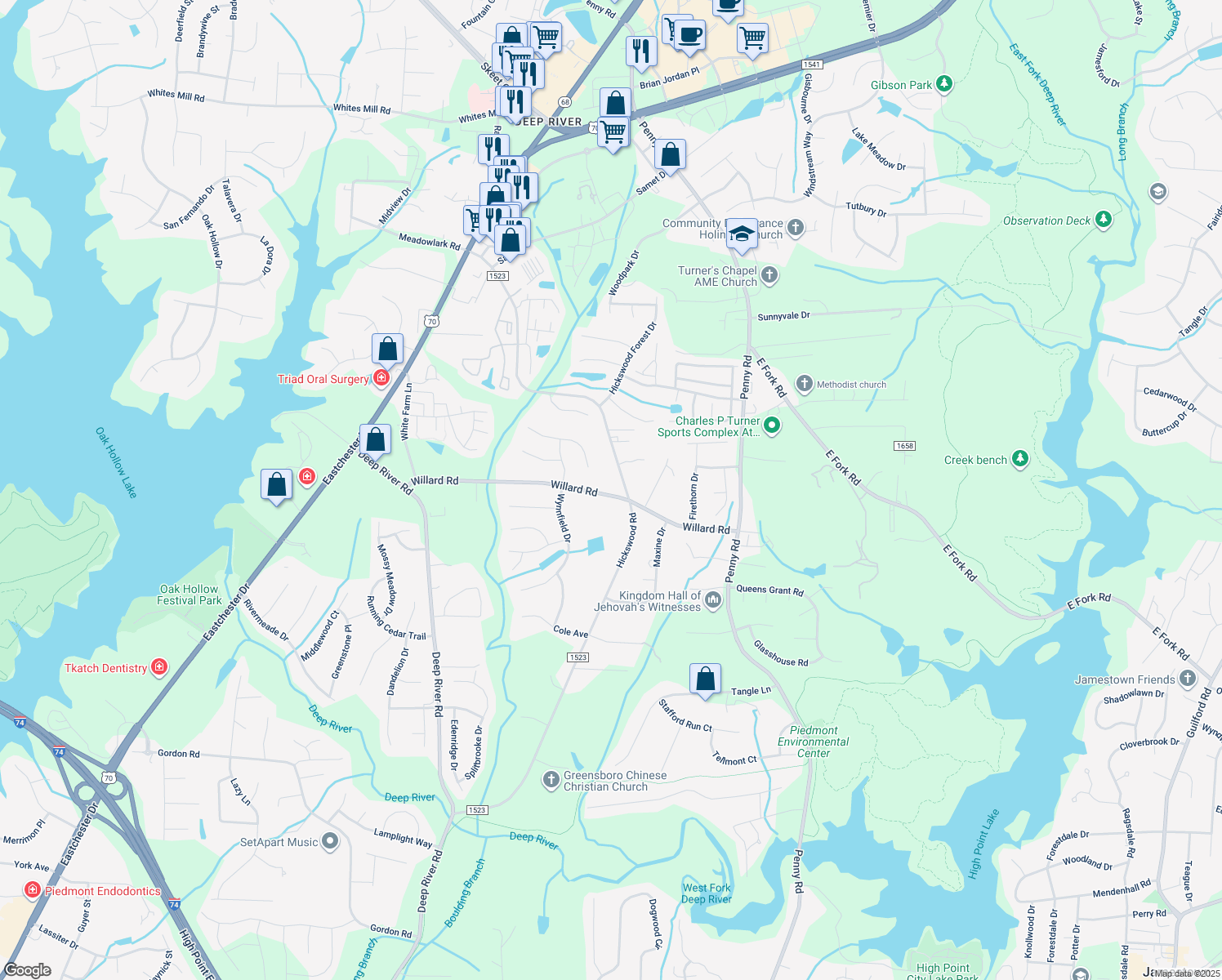 map of restaurants, bars, coffee shops, grocery stores, and more near 2525 Willard Road in High Point