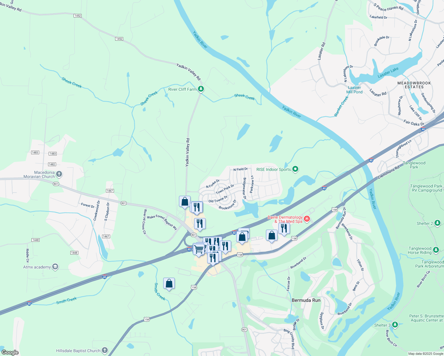 map of restaurants, bars, coffee shops, grocery stores, and more near 213 North Forke Drive in Advance