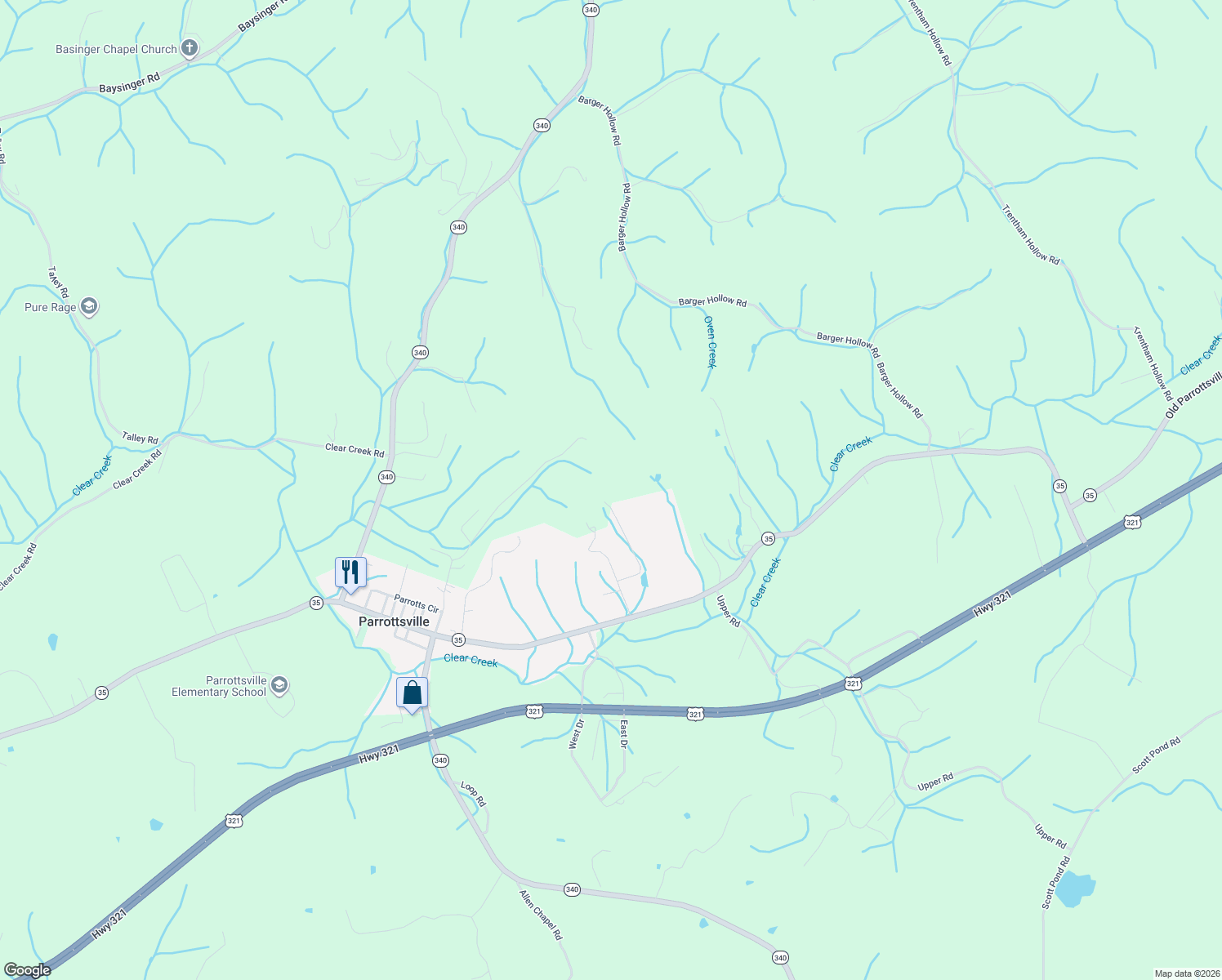 map of restaurants, bars, coffee shops, grocery stores, and more near 265 Midnight Way in Parrottsville
