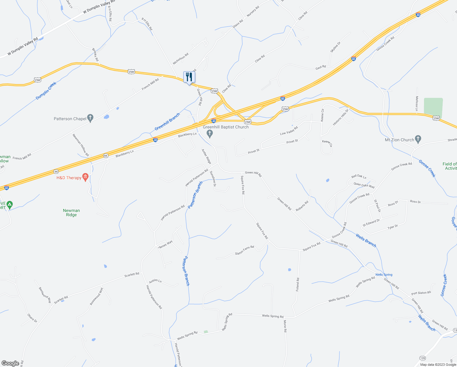 map of restaurants, bars, coffee shops, grocery stores, and more near 1145 Sunshine Drive in Dandridge