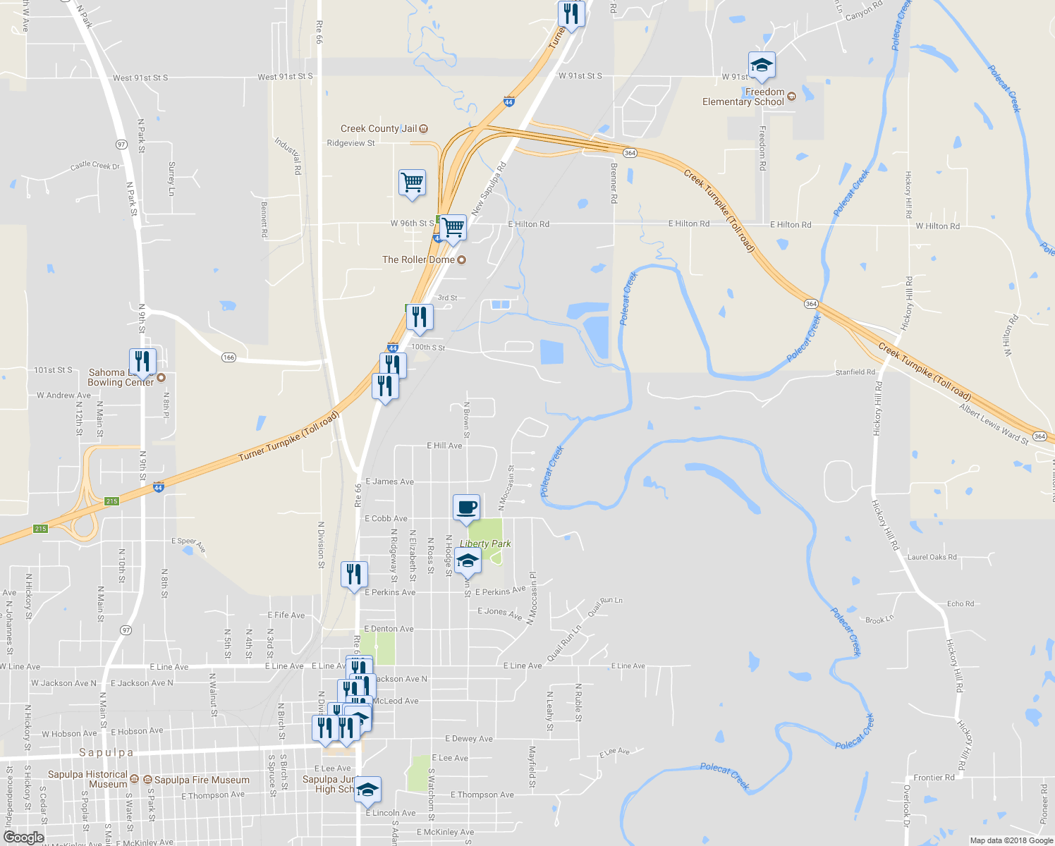 map of restaurants, bars, coffee shops, grocery stores, and more near 1219 North Moccasin Street in Sapulpa