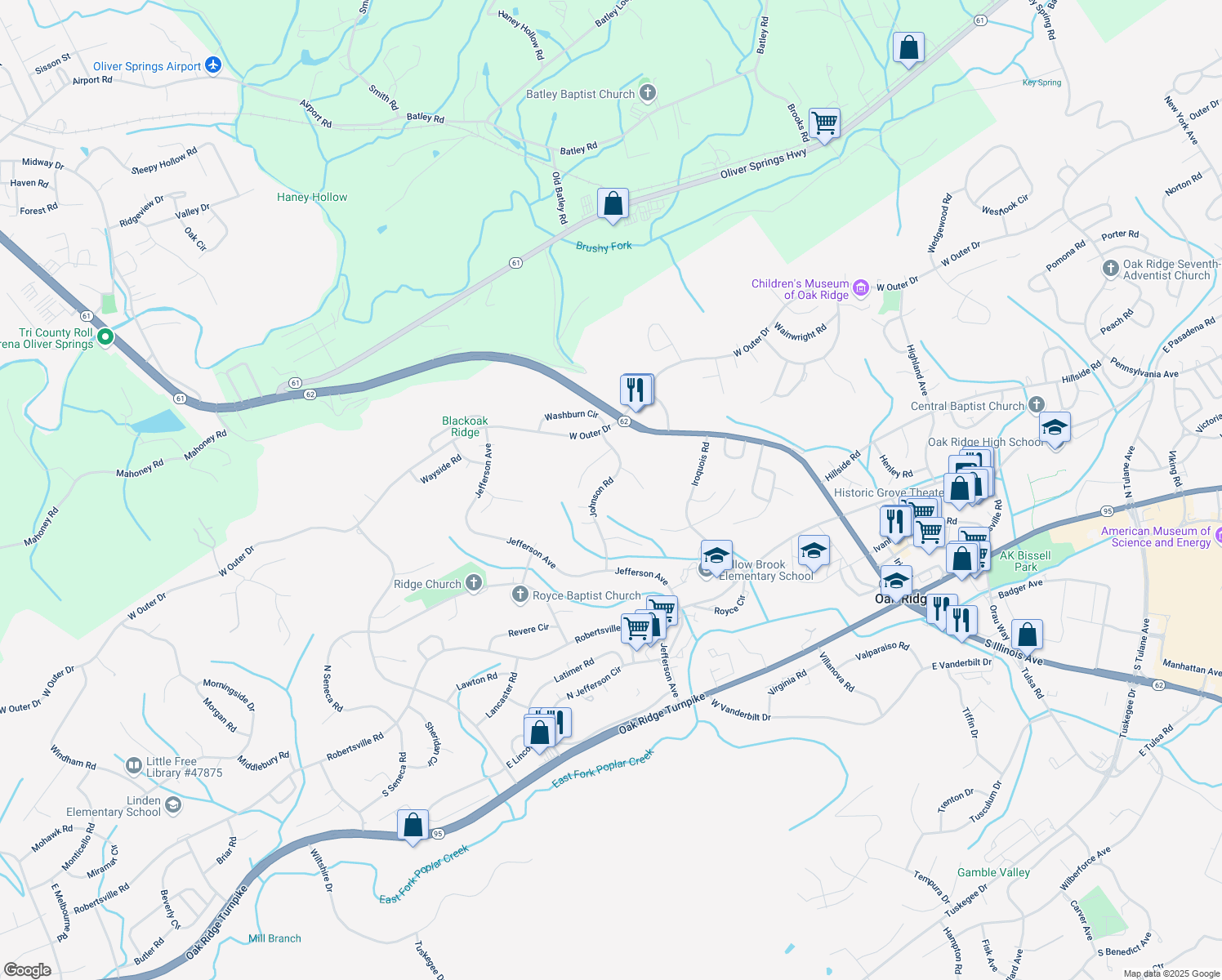 map of restaurants, bars, coffee shops, grocery stores, and more near 152 Johnson Road in Oak Ridge