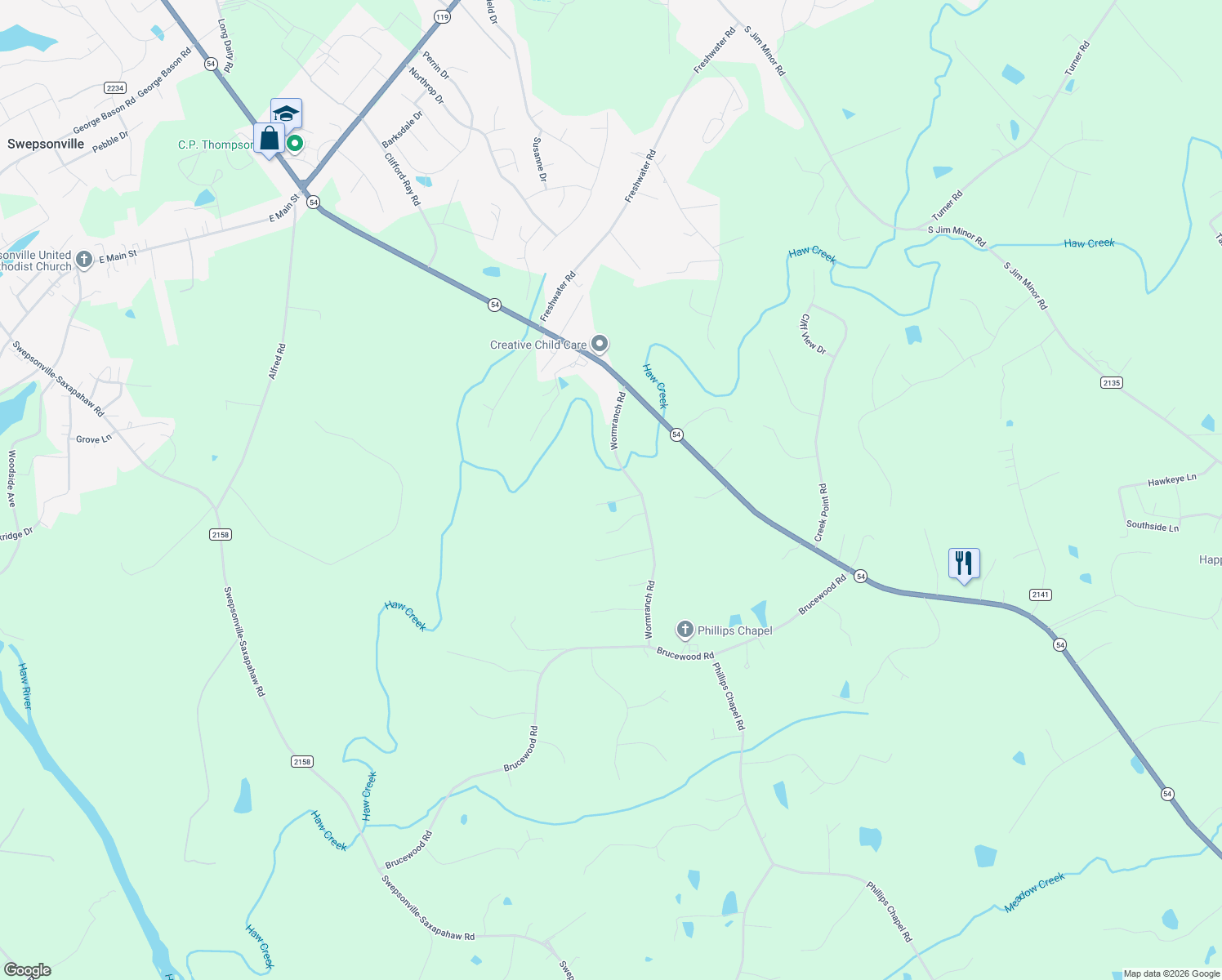 map of restaurants, bars, coffee shops, grocery stores, and more near 2949 Wormranch Road in Haw River