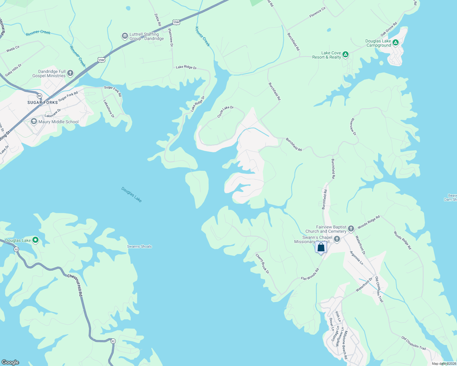 map of restaurants, bars, coffee shops, grocery stores, and more near 1100 Beechwood Dr in Dandridge