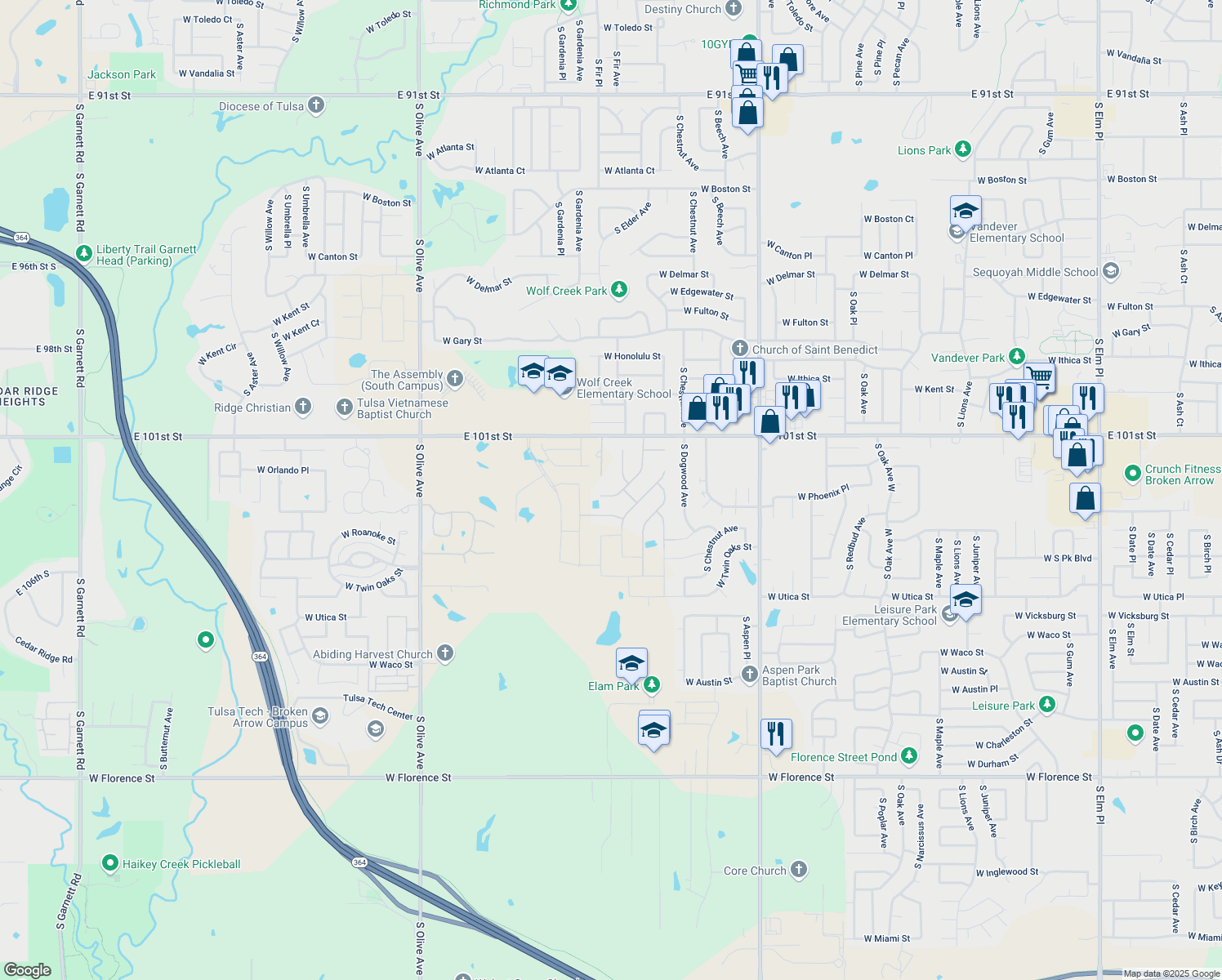 map of restaurants, bars, coffee shops, grocery stores, and more near 3722 South Fir Boulevard in Broken Arrow