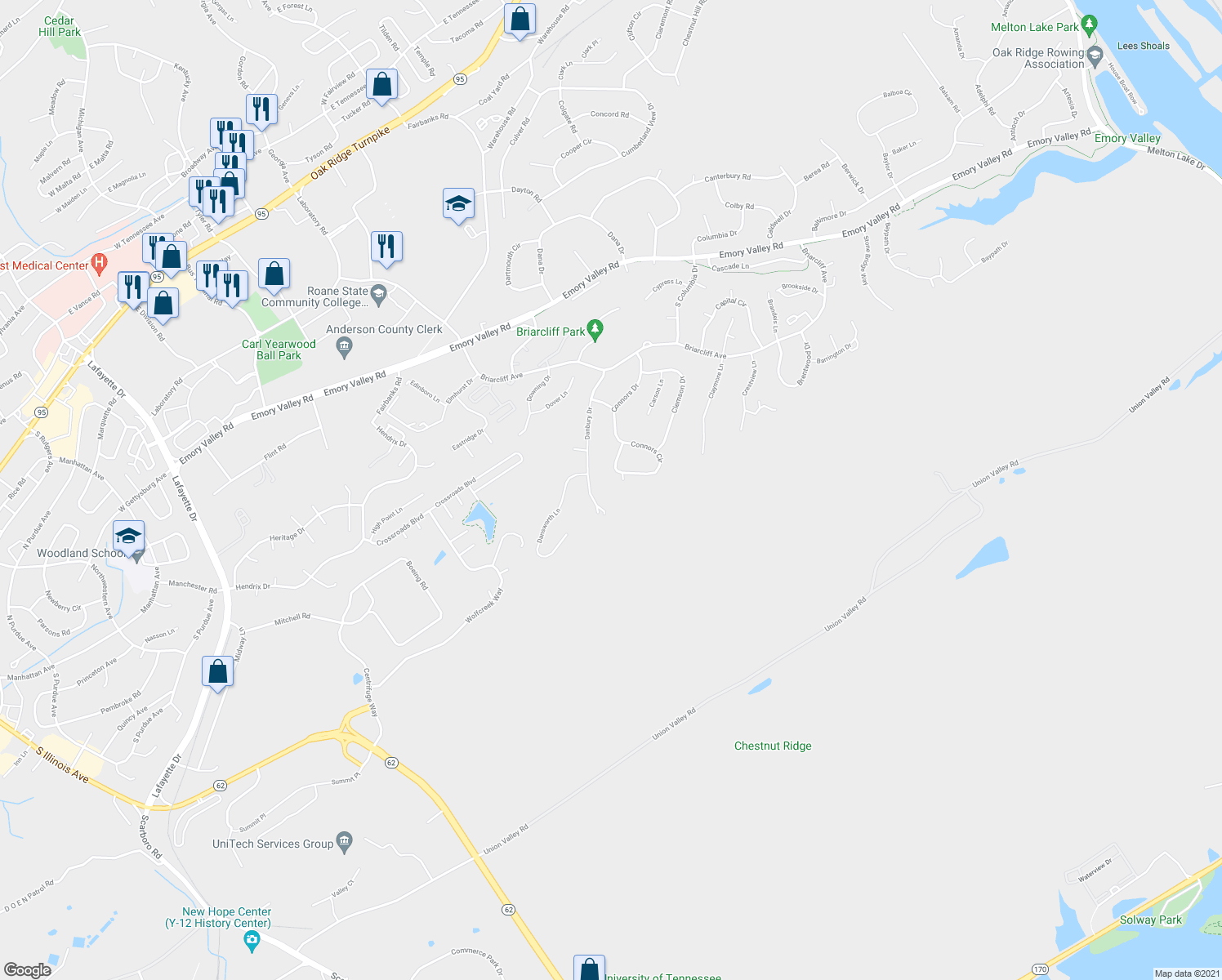 map of restaurants, bars, coffee shops, grocery stores, and more near 102 Connors Place in Oak Ridge
