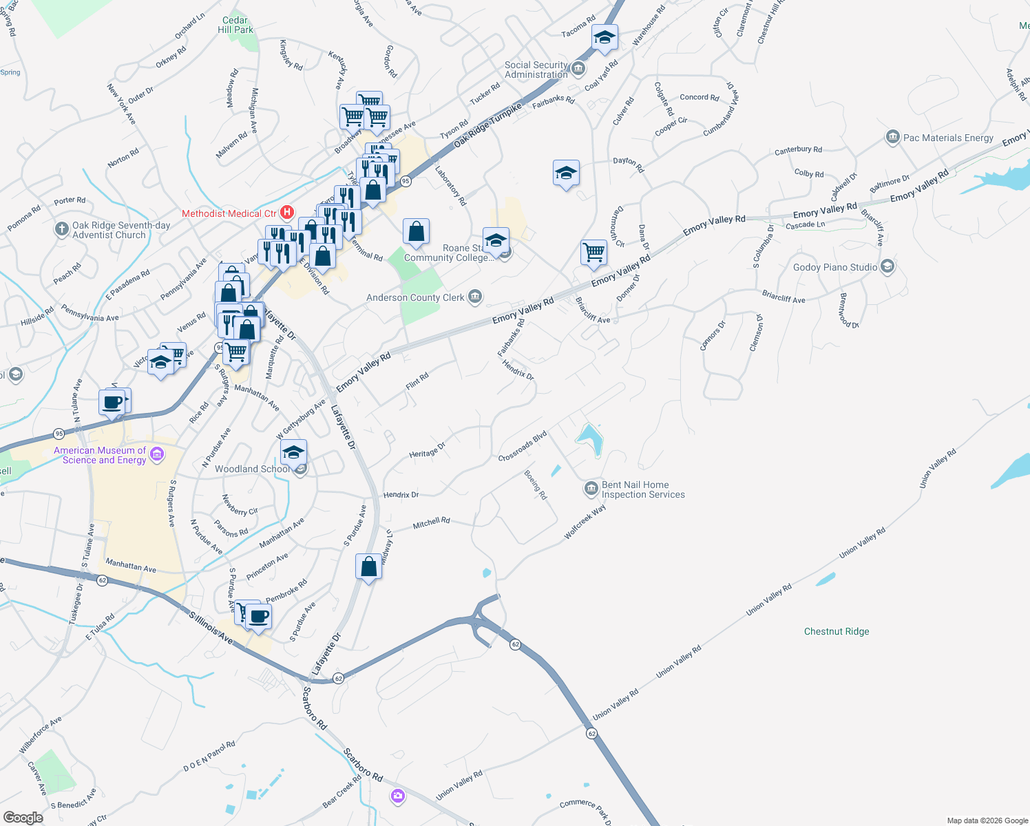 map of restaurants, bars, coffee shops, grocery stores, and more near 168 Hendrix Drive in Oak Ridge