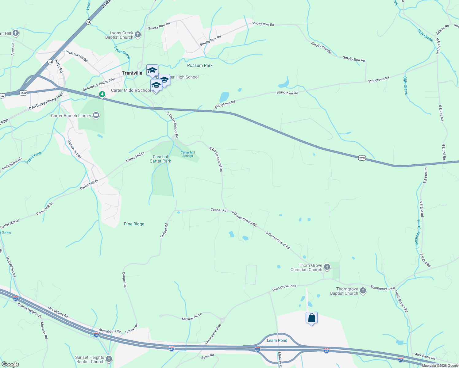 map of restaurants, bars, coffee shops, grocery stores, and more near 408 South Carter School Road in Strawberry Plains