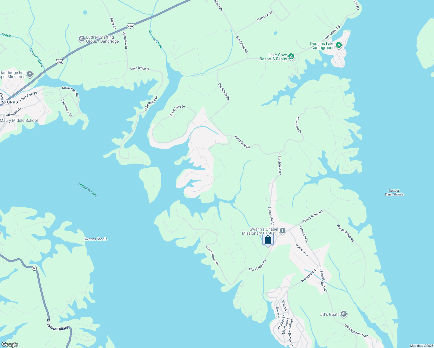 map of restaurants, bars, coffee shops, grocery stores, and more near 995-1029 Beechwood Drive in Dandridge