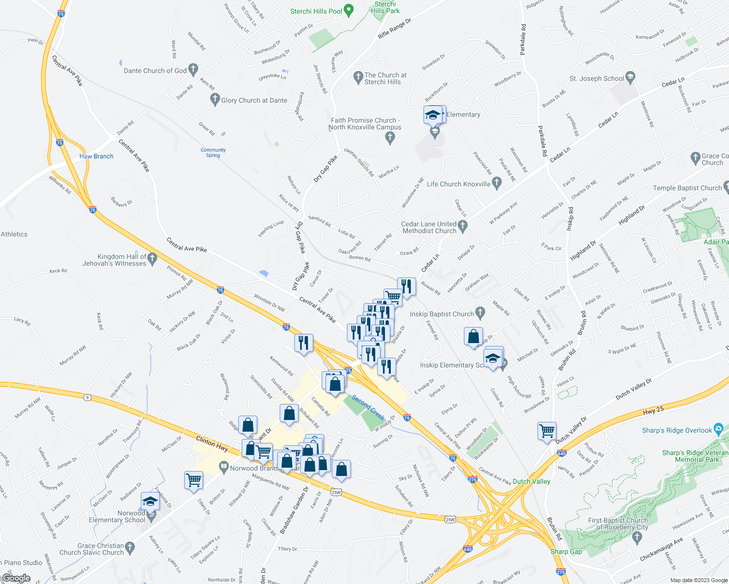 map of restaurants, bars, coffee shops, grocery stores, and more near 5418 Pratt Road in Knoxville