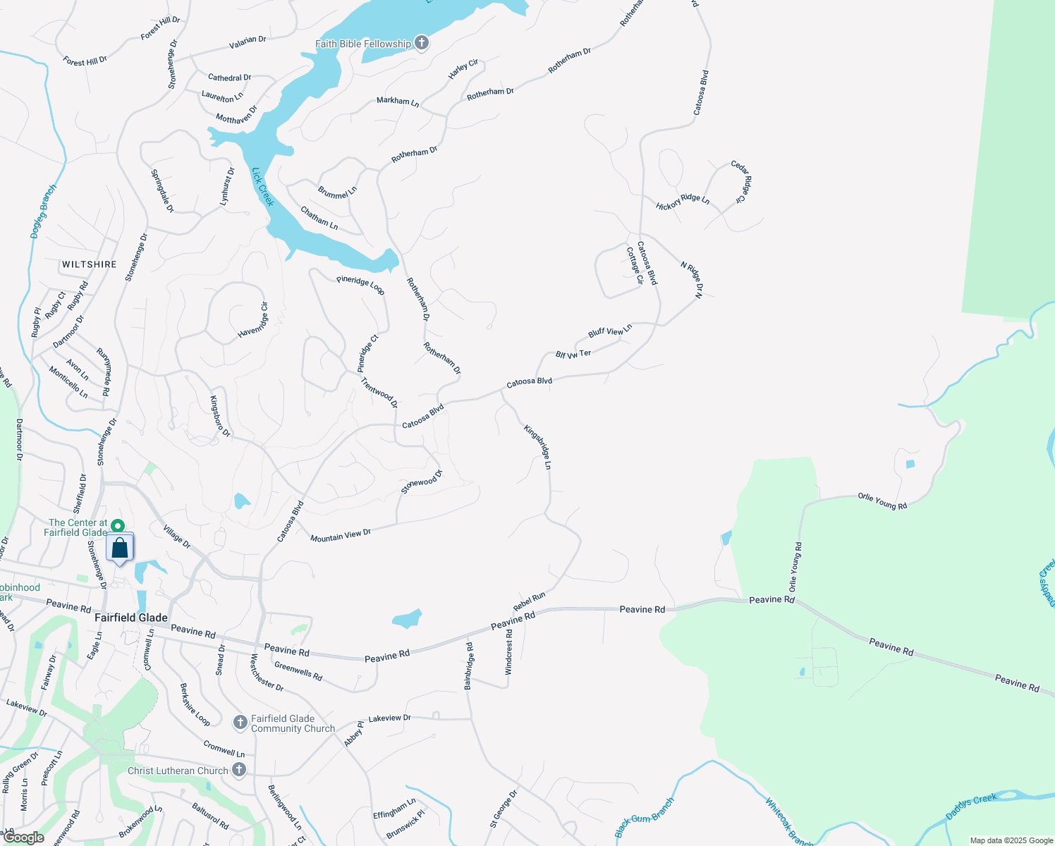 map of restaurants, bars, coffee shops, grocery stores, and more near 15 Kingsbridge Lane in Crossville
