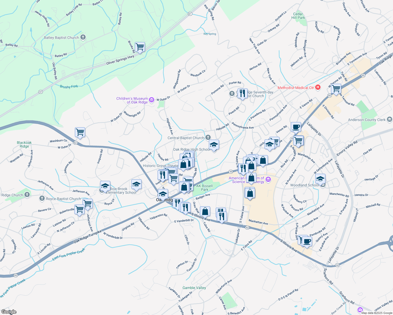 map of restaurants, bars, coffee shops, grocery stores, and more near 193 Providence Road in Oak Ridge
