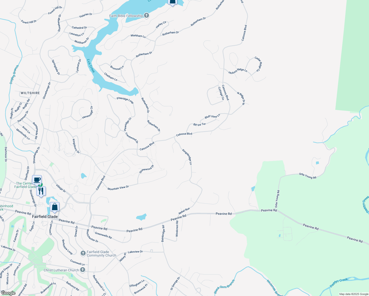 map of restaurants, bars, coffee shops, grocery stores, and more near 15 Kingsbridge Lane in Crossville
