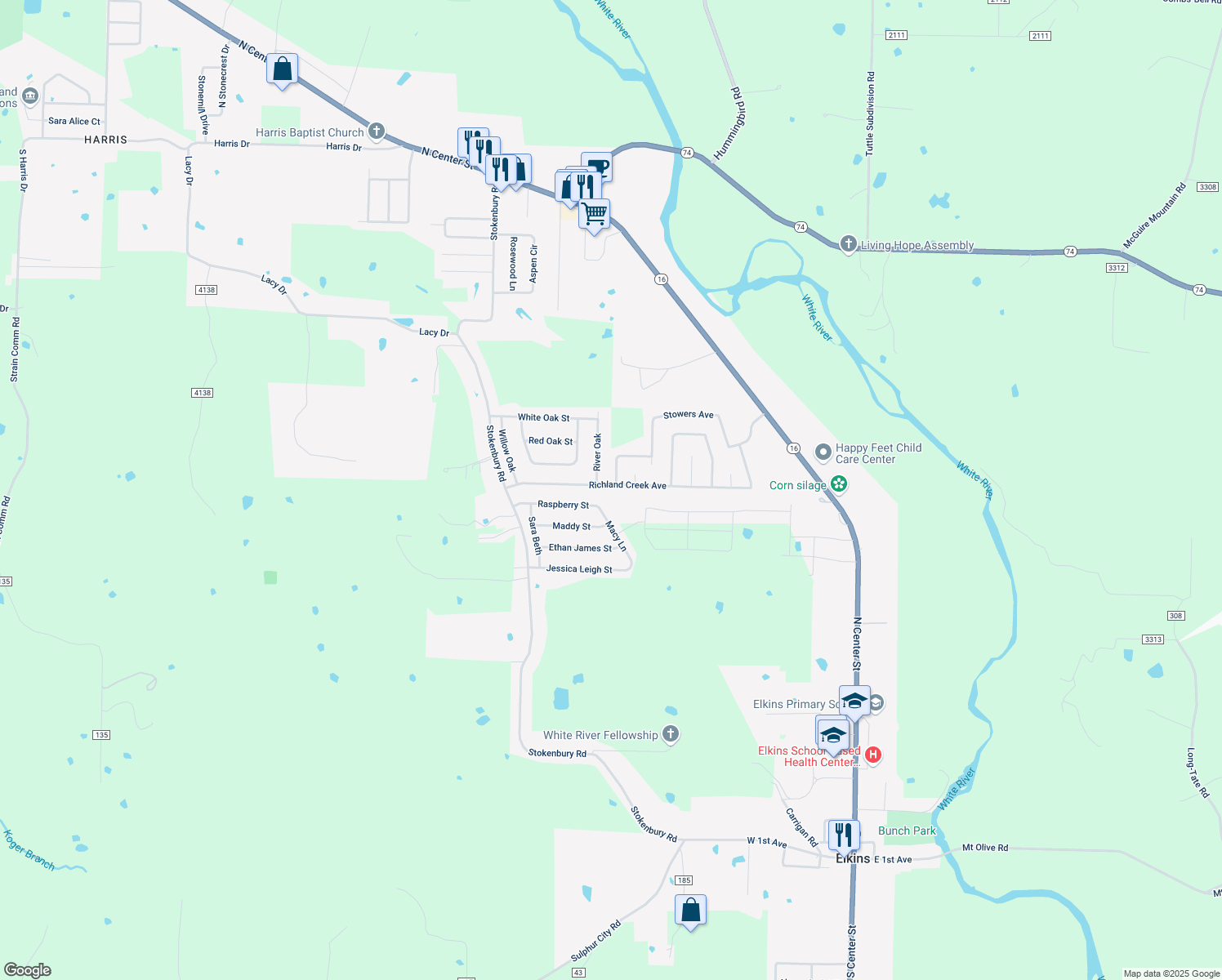 map of restaurants, bars, coffee shops, grocery stores, and more near 797 Richland Creek Avenue in Elkins