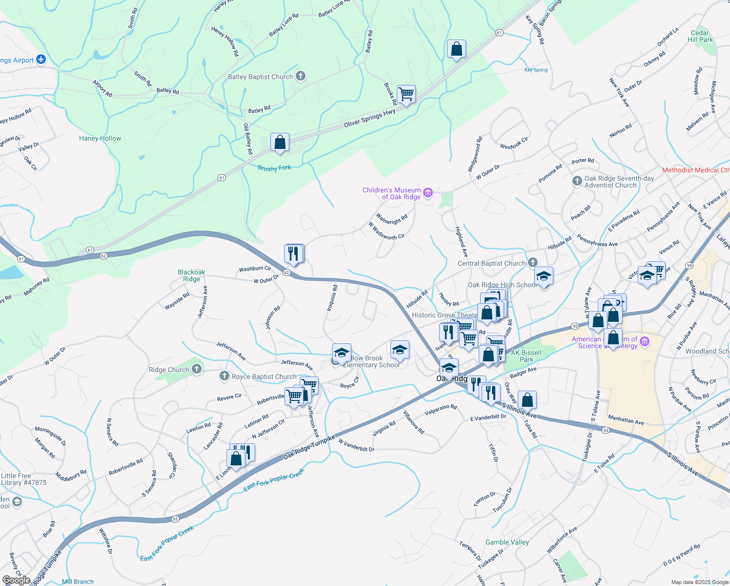 map of restaurants, bars, coffee shops, grocery stores, and more near 102 Independence Lane in Oak Ridge