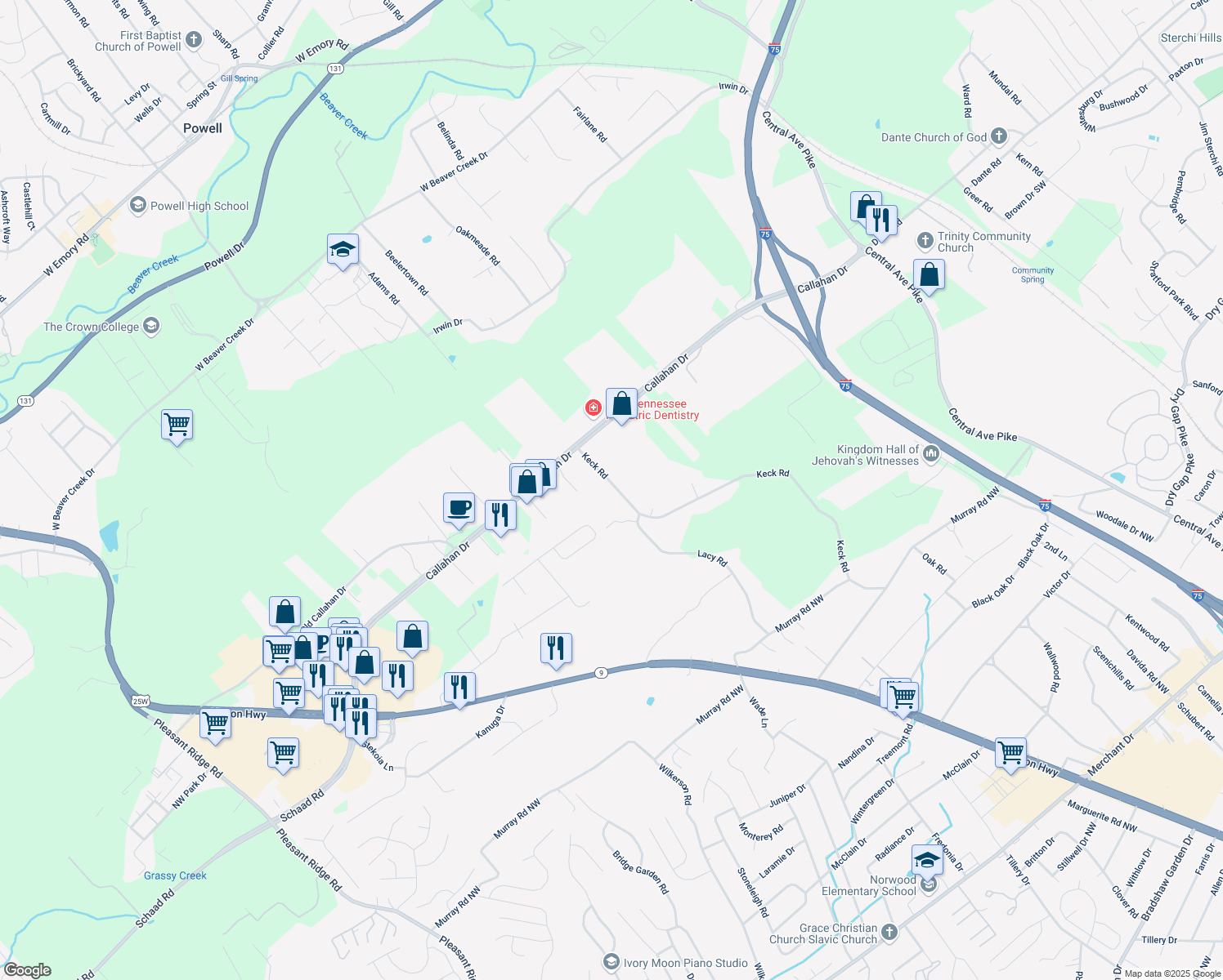map of restaurants, bars, coffee shops, grocery stores, and more near 6625 Keck Road in Knoxville