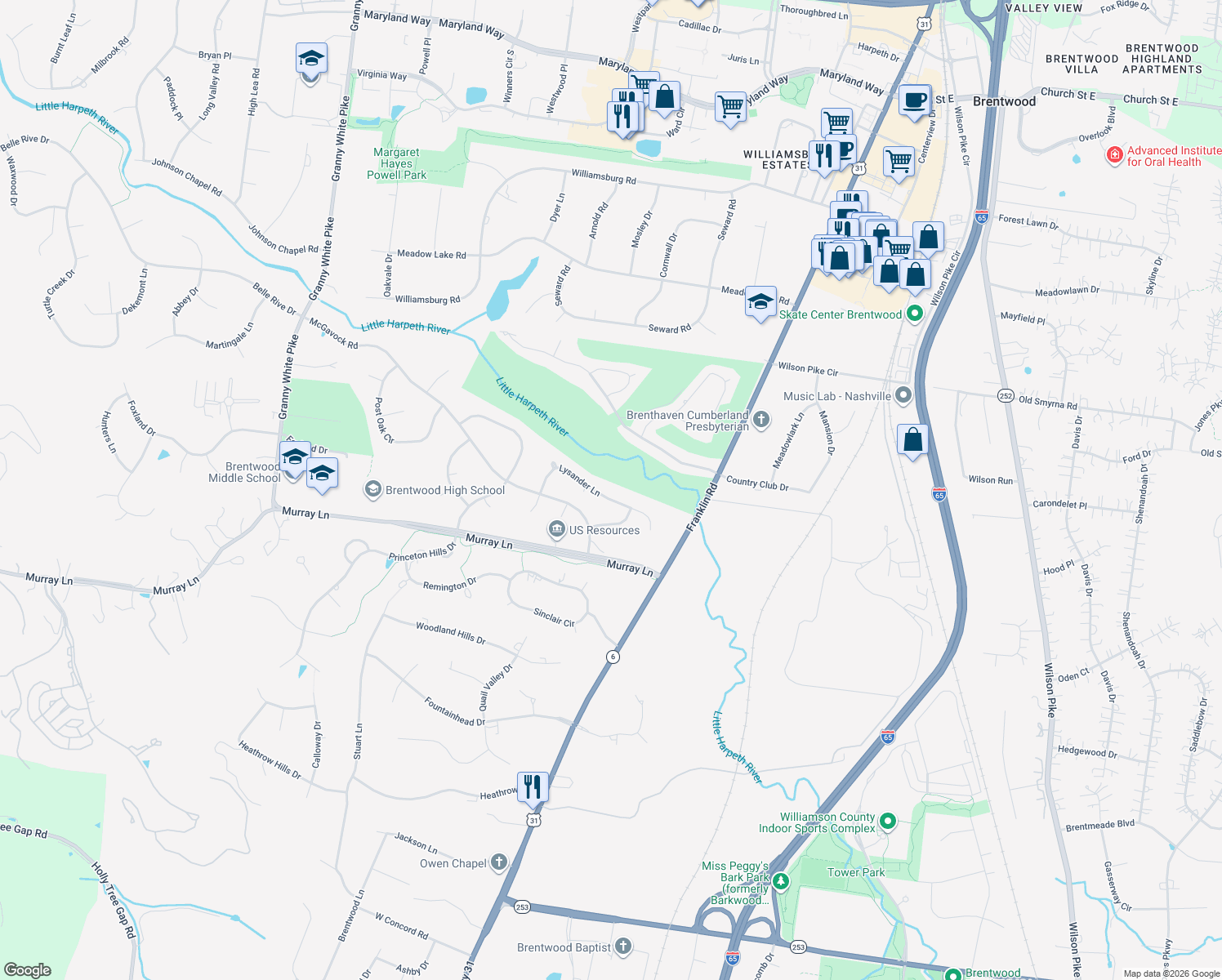 map of restaurants, bars, coffee shops, grocery stores, and more near 5236 Lysander Ln in Brentwood