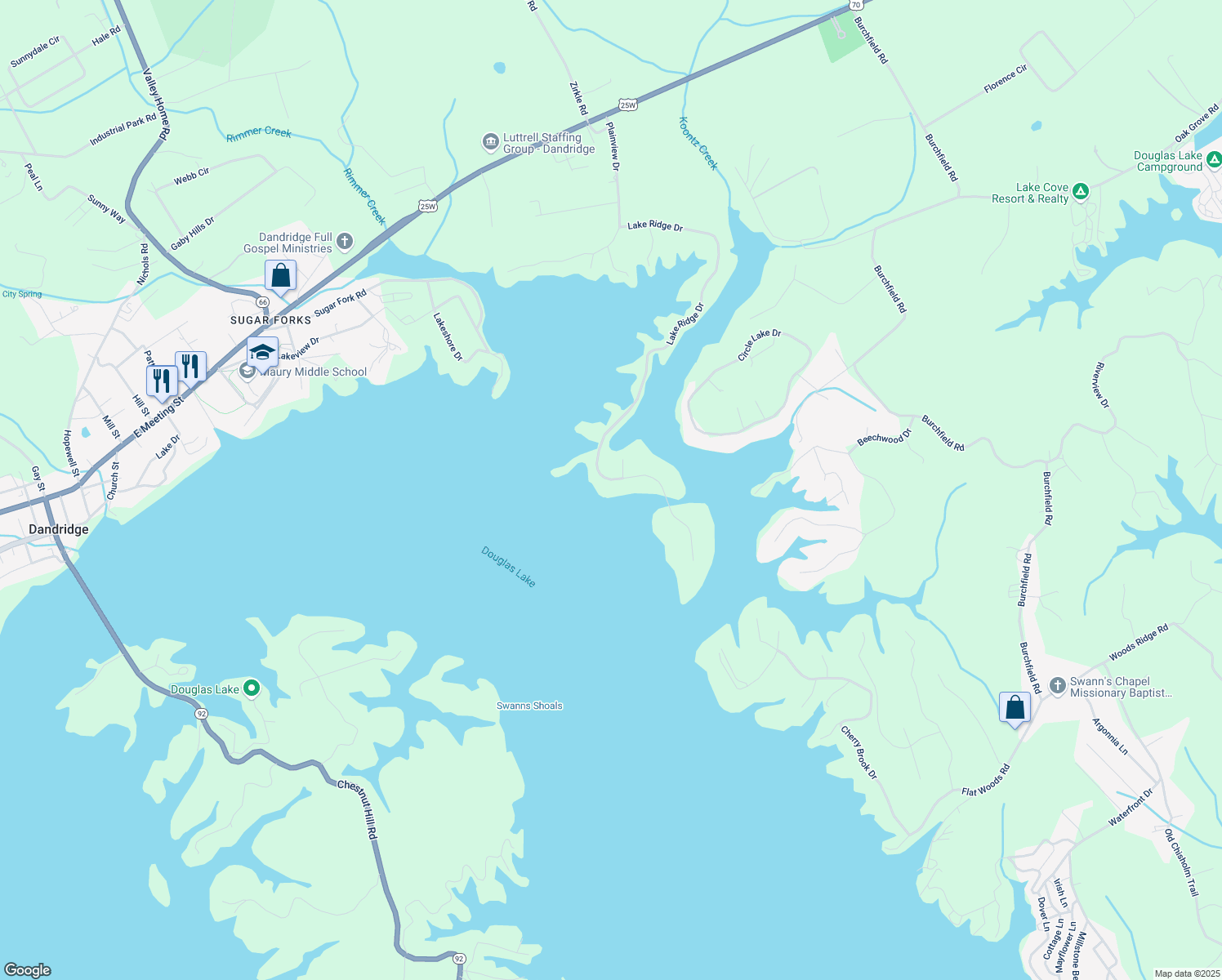 map of restaurants, bars, coffee shops, grocery stores, and more near 1101 Lake Ridge Drive in Dandridge