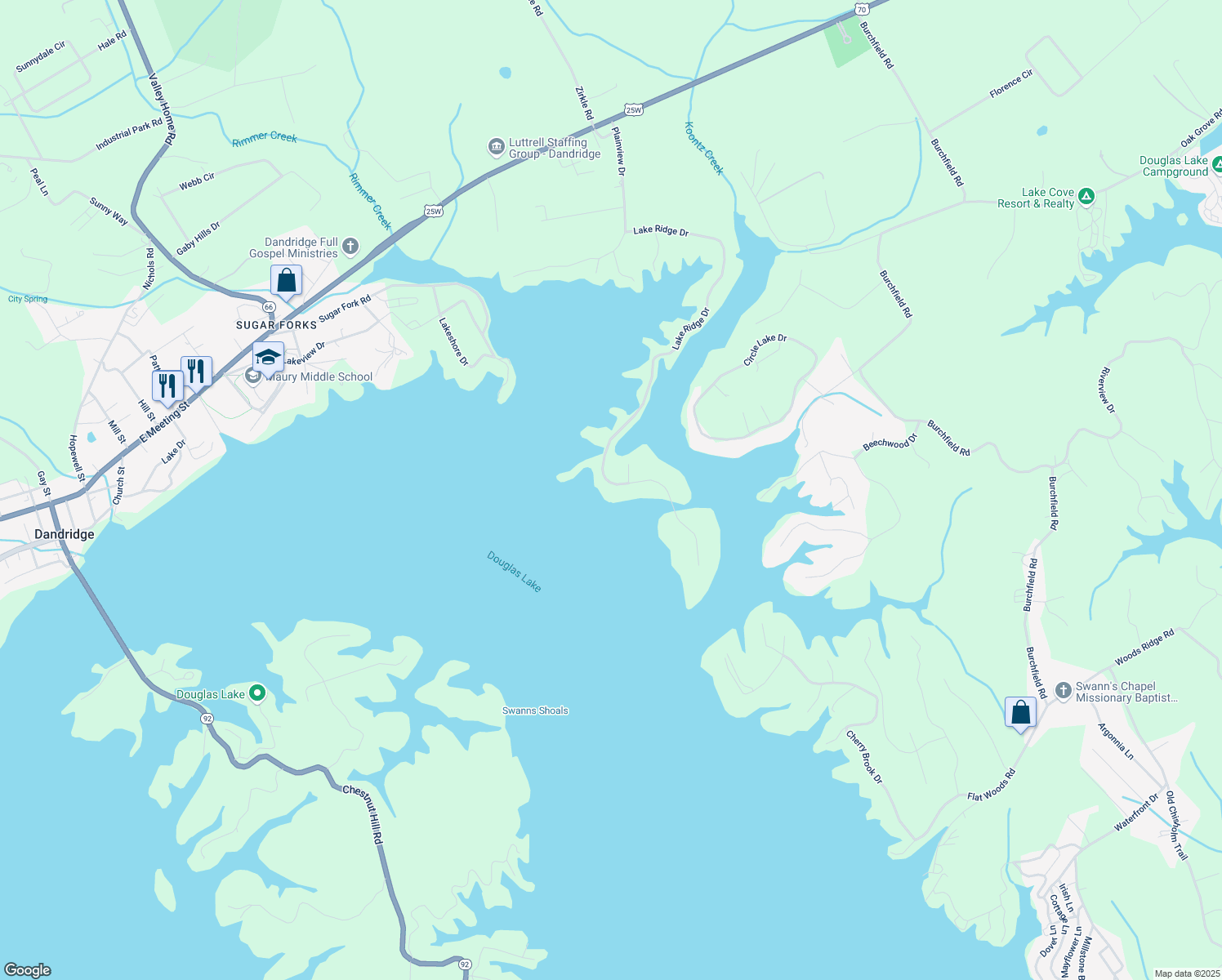 map of restaurants, bars, coffee shops, grocery stores, and more near 1101 Lake Ridge Drive in Dandridge