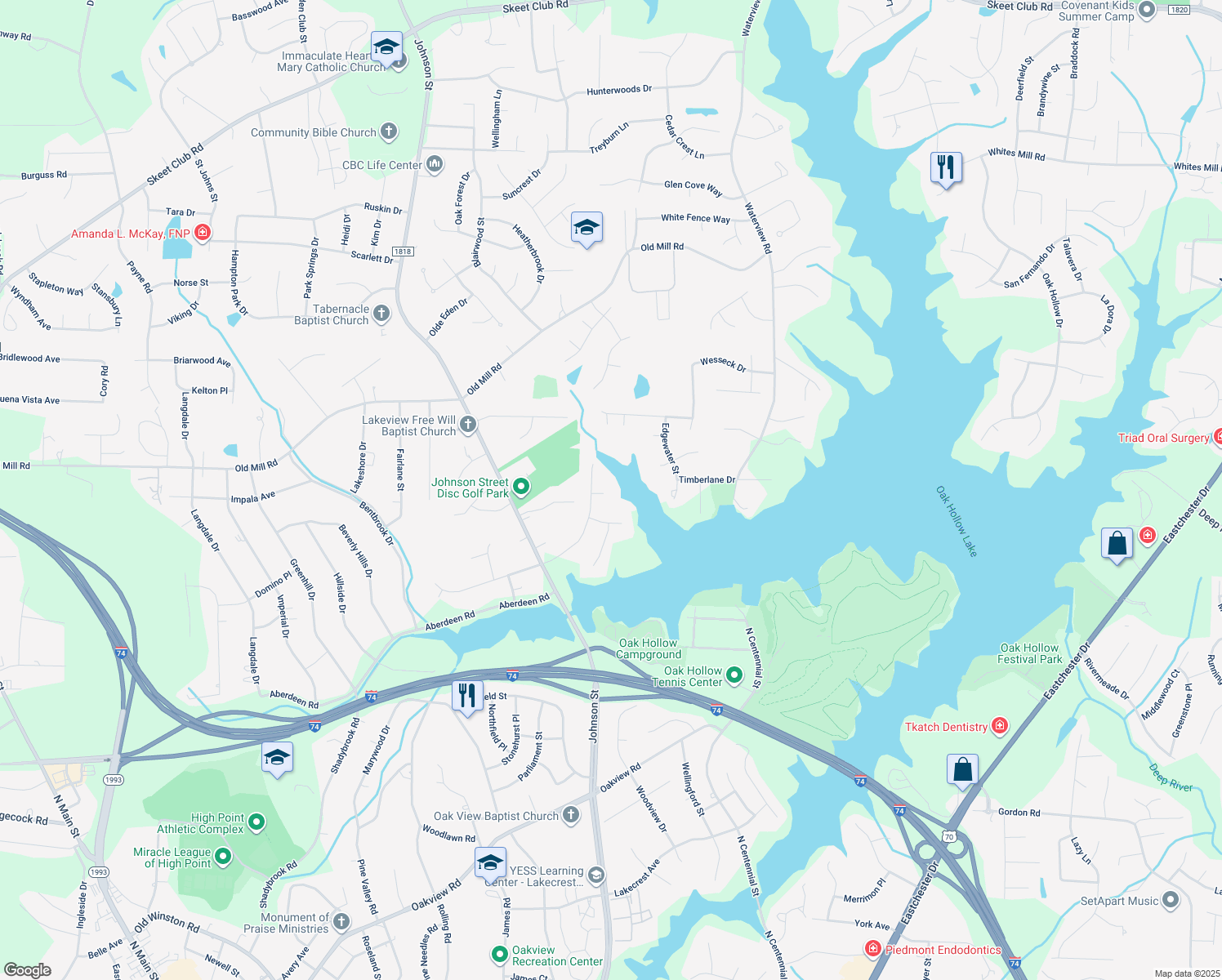 map of restaurants, bars, coffee shops, grocery stores, and more near 1010 Shamrock Court in High Point