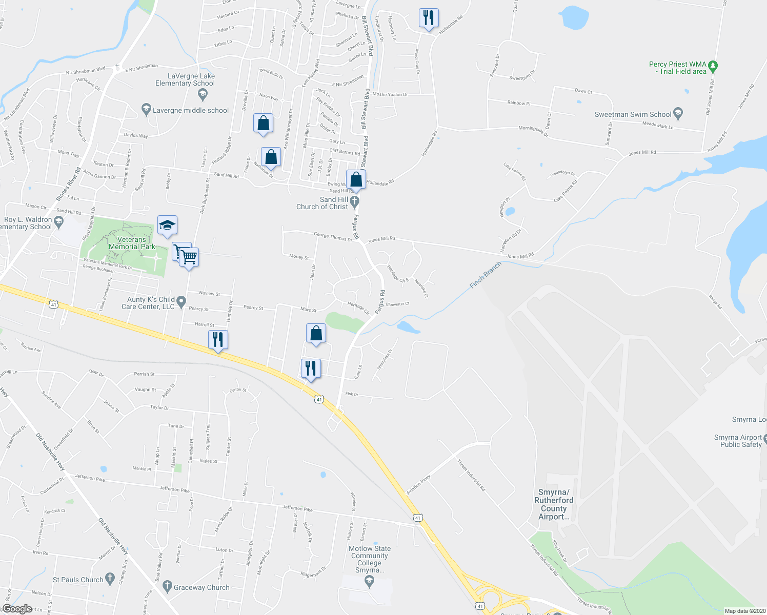 map of restaurants, bars, coffee shops, grocery stores, and more near 200 Bluewater Court in La Vergne