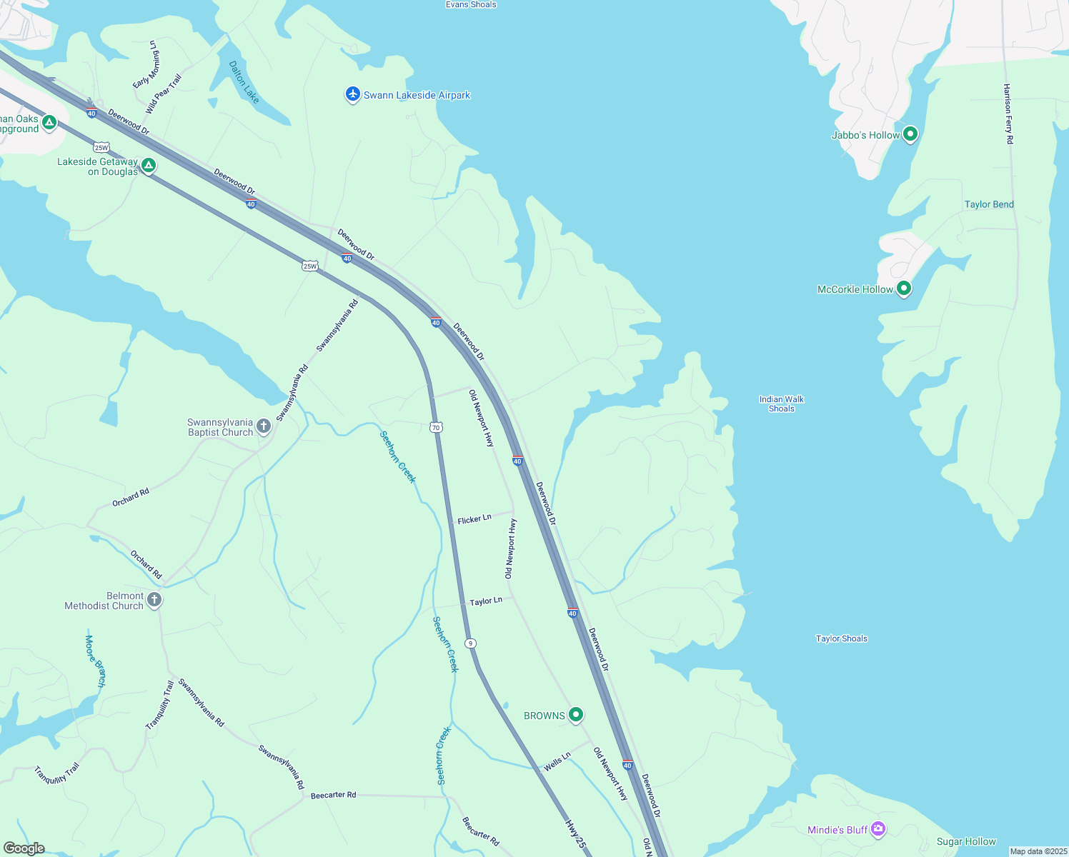 map of restaurants, bars, coffee shops, grocery stores, and more near 980 Deerwood Drive in Dandridge