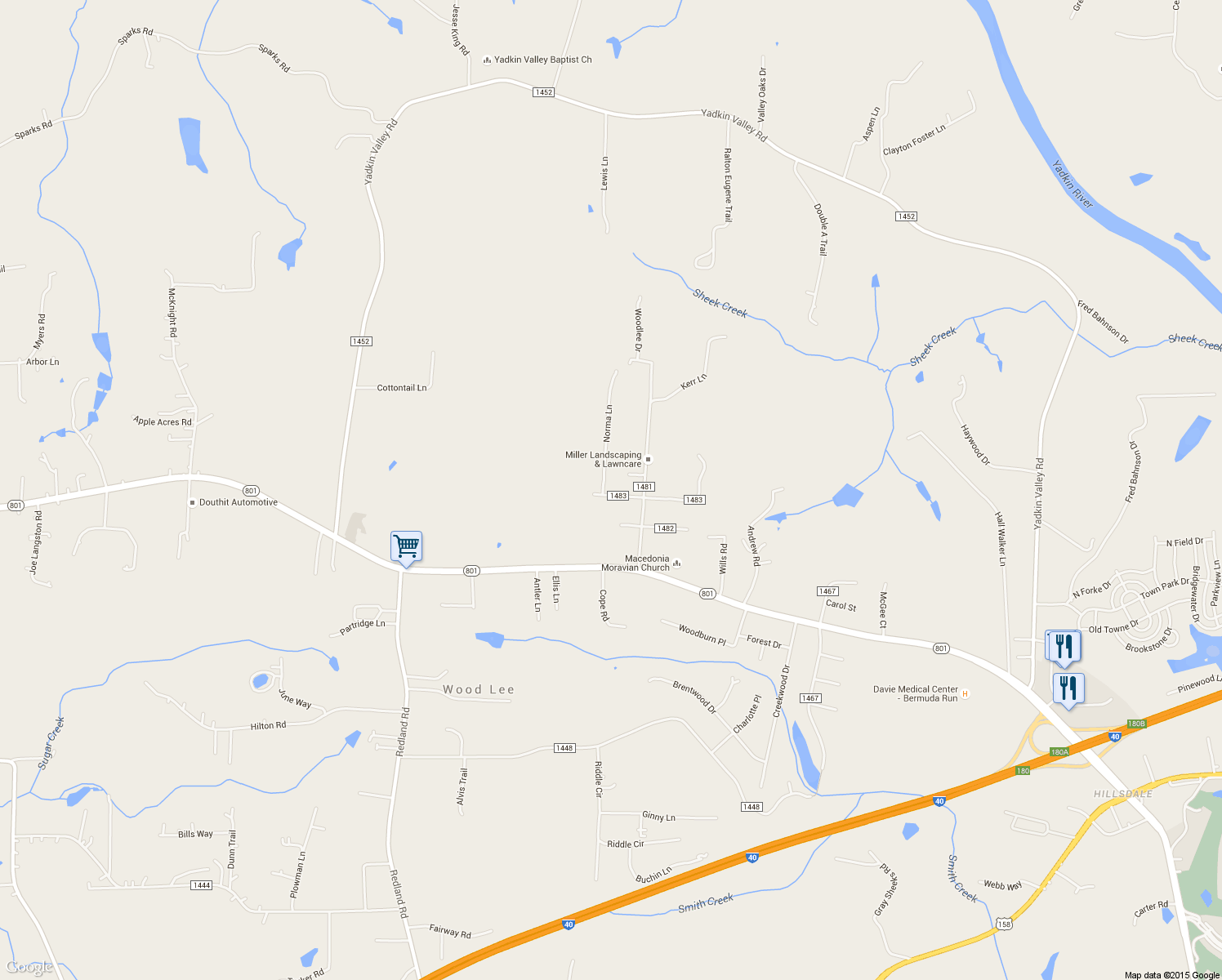 map of restaurants, bars, coffee shops, grocery stores, and more near 106 Norma Lane in Advance