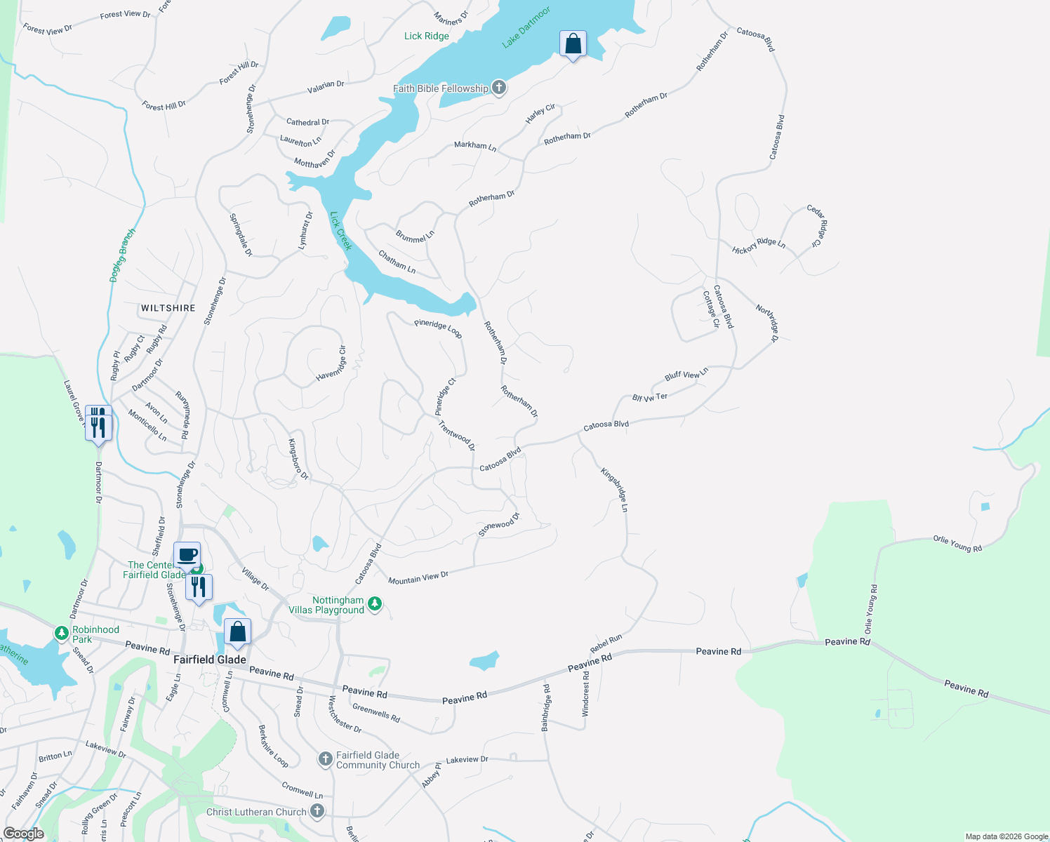 map of restaurants, bars, coffee shops, grocery stores, and more near 111 Rotherham Drive in Crossville