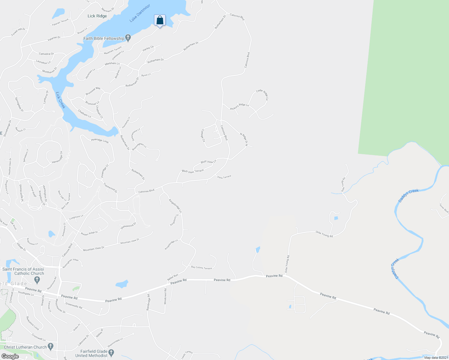 map of restaurants, bars, coffee shops, grocery stores, and more near 36 Vista Terrace in Crossville