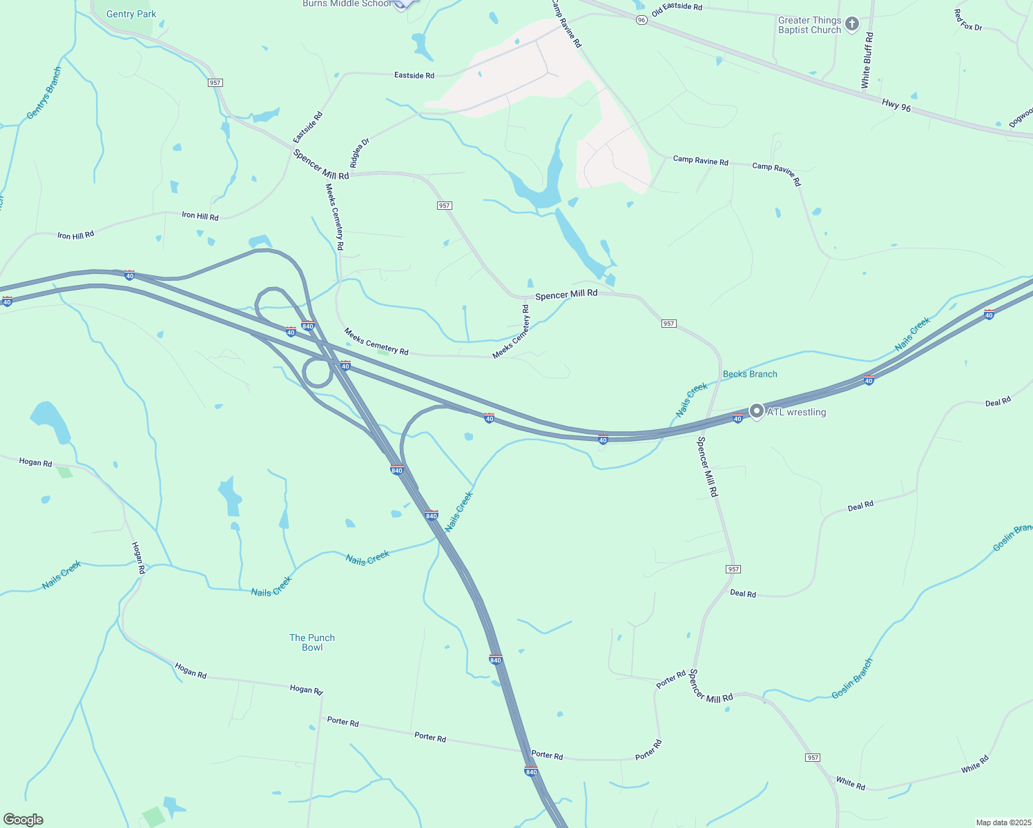 map of restaurants, bars, coffee shops, grocery stores, and more near Interstate 40 in Burns