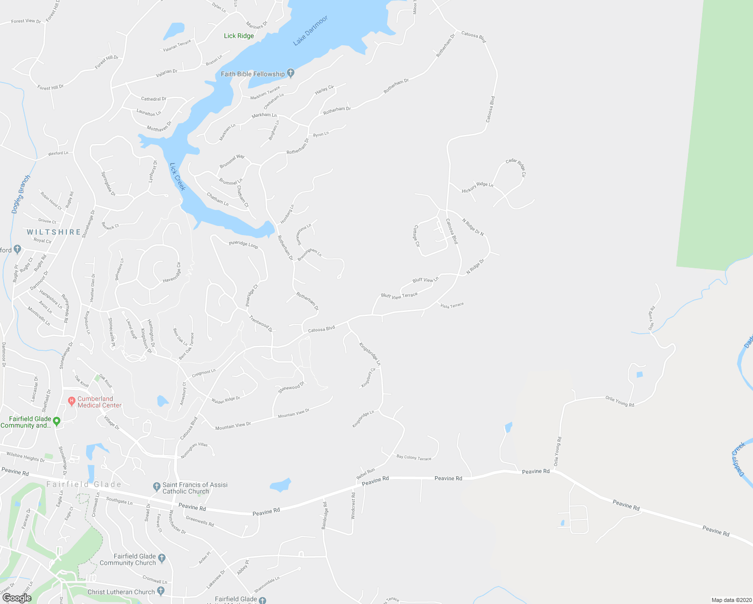 map of restaurants, bars, coffee shops, grocery stores, and more near 30 Bluff View Lane in Crossville