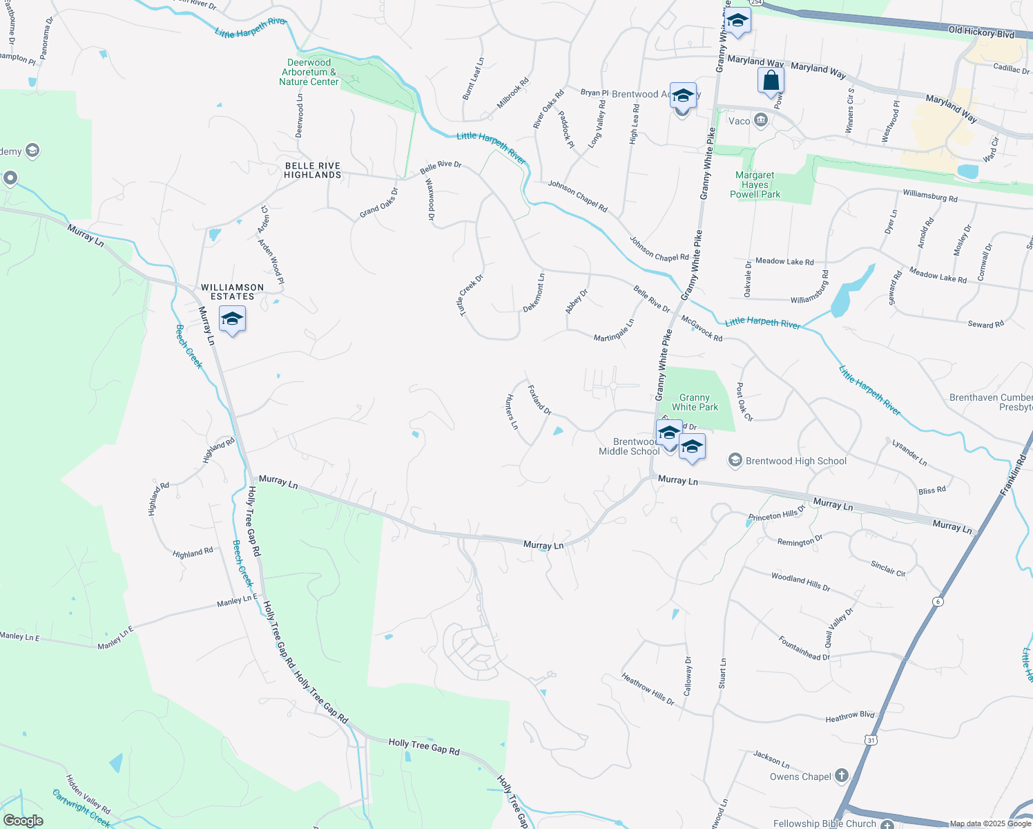 map of restaurants, bars, coffee shops, grocery stores, and more near 616 Hunters Lane in Brentwood