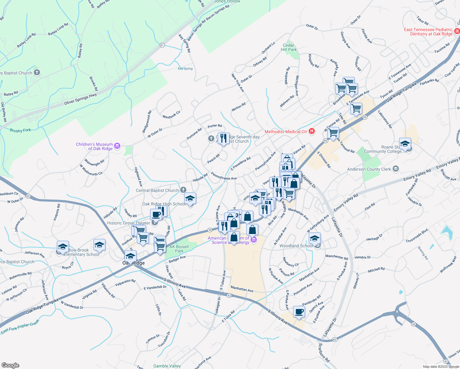 map of restaurants, bars, coffee shops, grocery stores, and more near 244 North Tulane Avenue in Oak Ridge