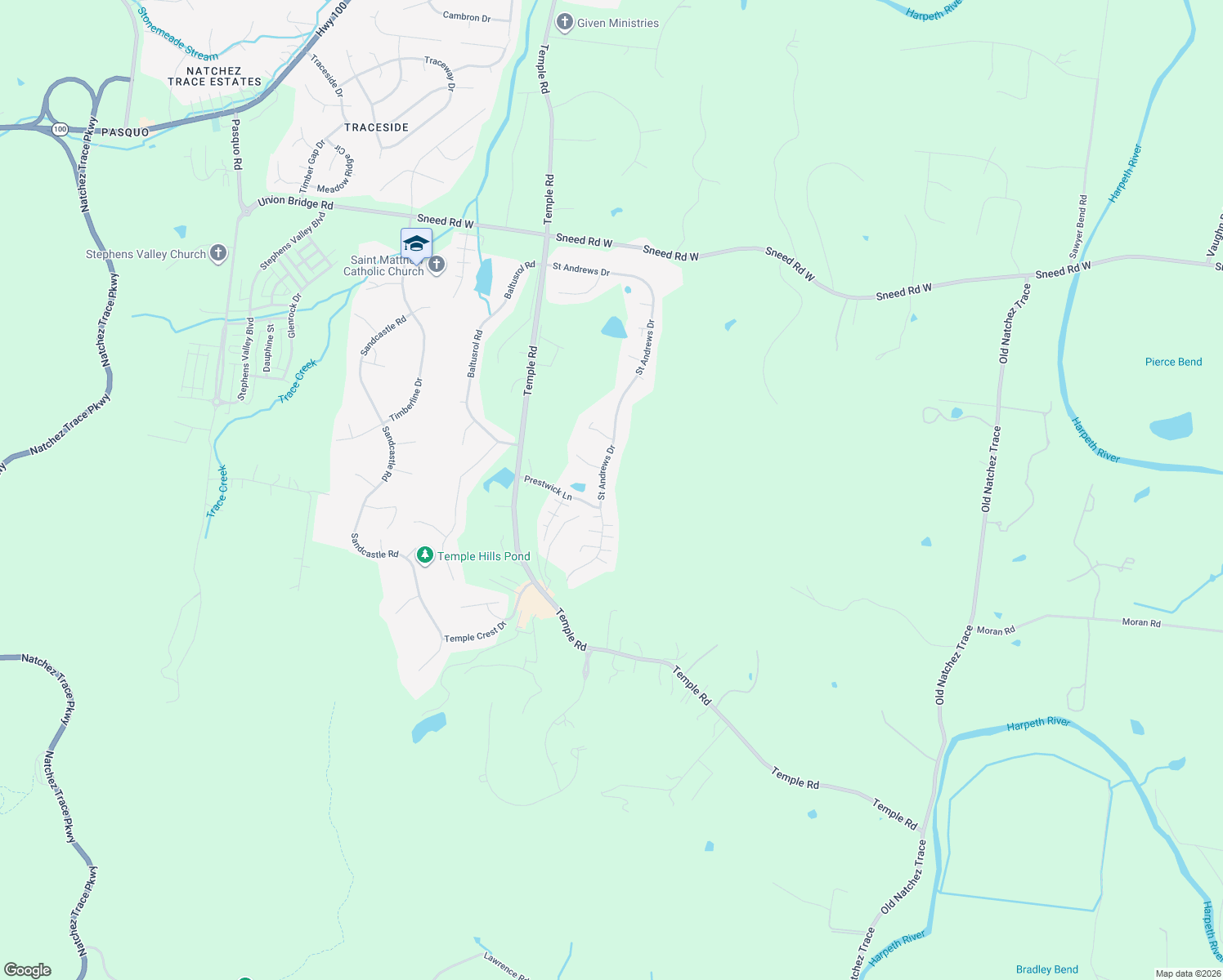 map of restaurants, bars, coffee shops, grocery stores, and more near 305 Saint Andrews Drive in Franklin