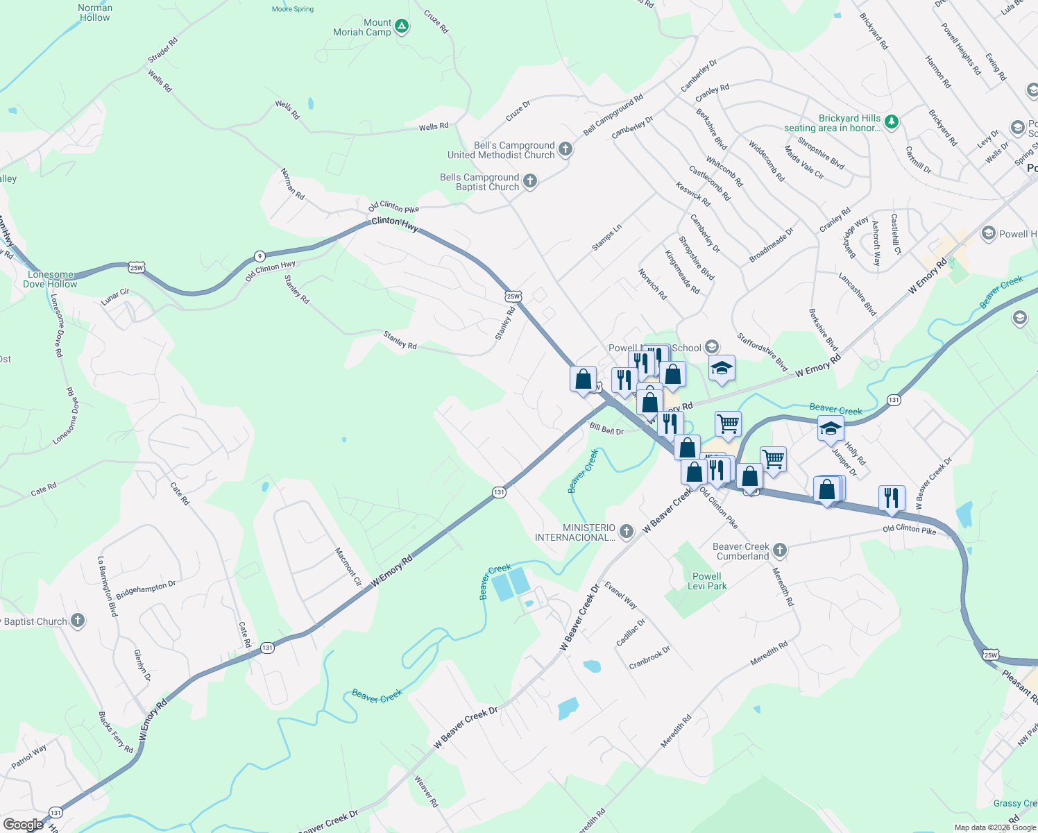 map of restaurants, bars, coffee shops, grocery stores, and more near 7658 Callow Cove Lane in Powell