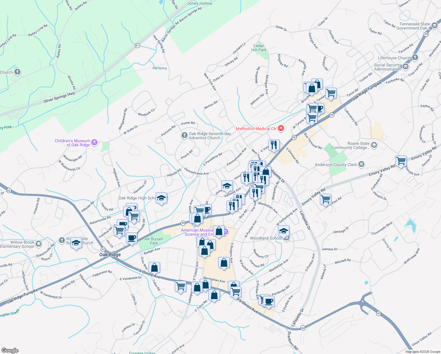 map of restaurants, bars, coffee shops, grocery stores, and more near 107 Parma Road in Oak Ridge