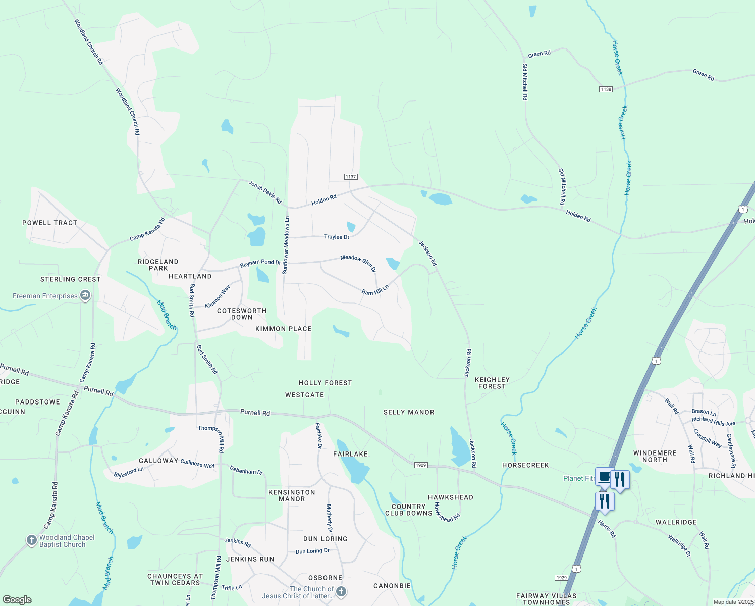 map of restaurants, bars, coffee shops, grocery stores, and more near 105 Meadow Glen Drive in Wake Forest