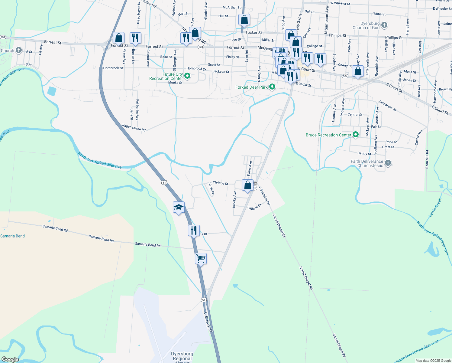 map of restaurants, bars, coffee shops, grocery stores, and more near 618 Christie Street in Dyersburg