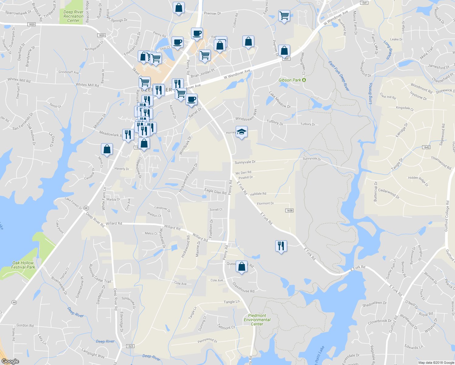map of restaurants, bars, coffee shops, grocery stores, and more near 2986 Cloverwood Drive in High Point