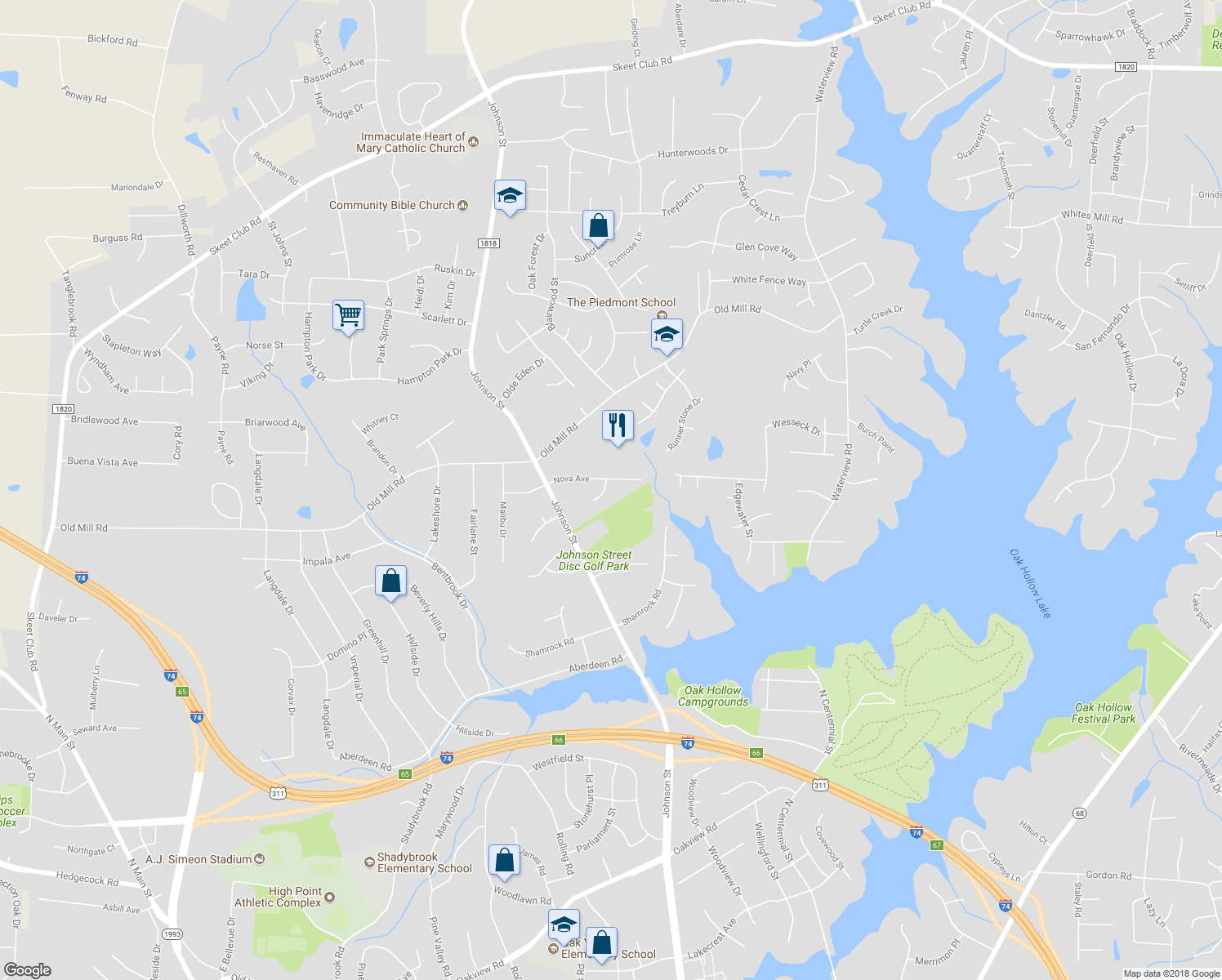 map of restaurants, bars, coffee shops, grocery stores, and more near 3868 Tanyard Mill Court in High Point