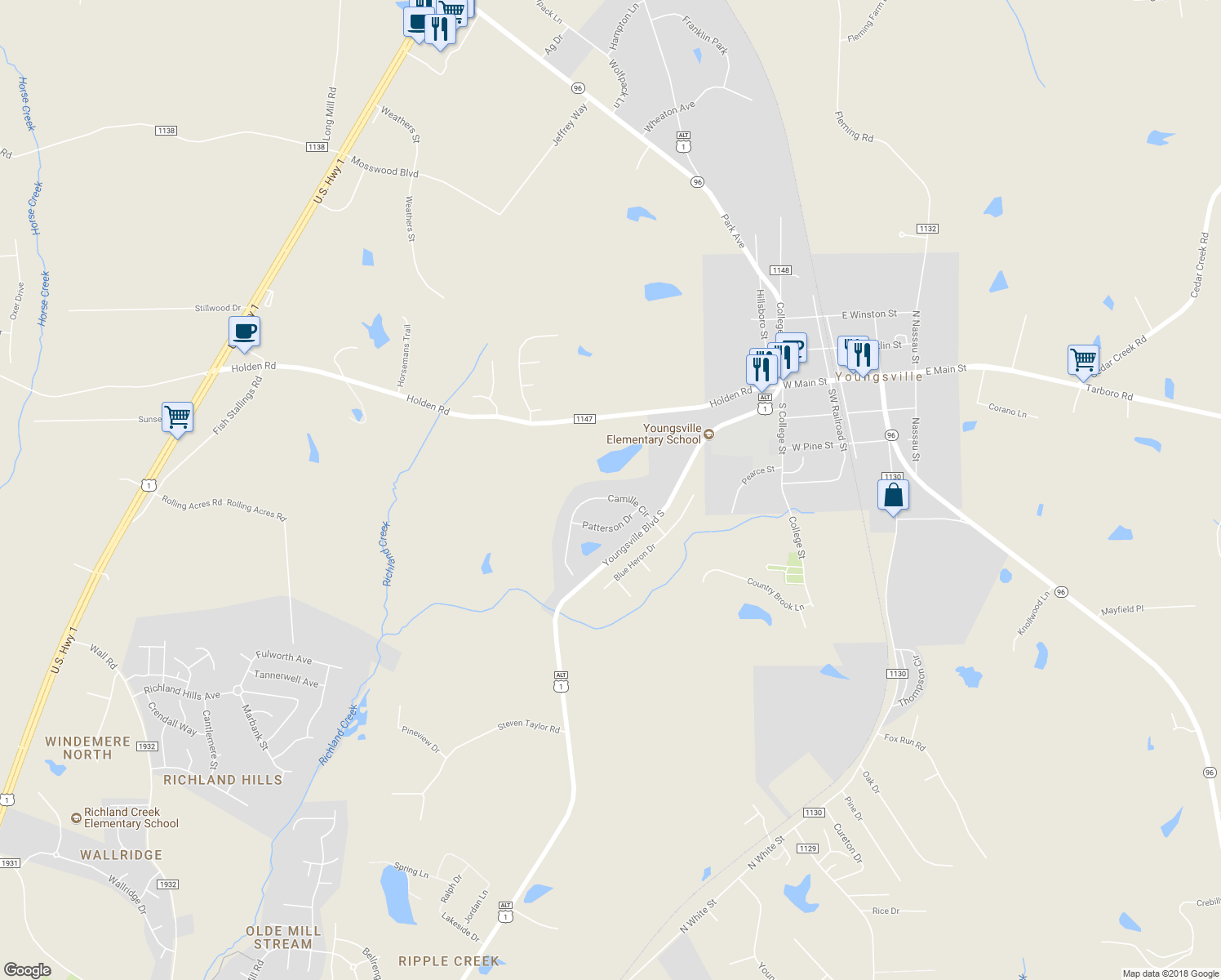 map of restaurants, bars, coffee shops, grocery stores, and more near 114 Camille Circle in Youngsville