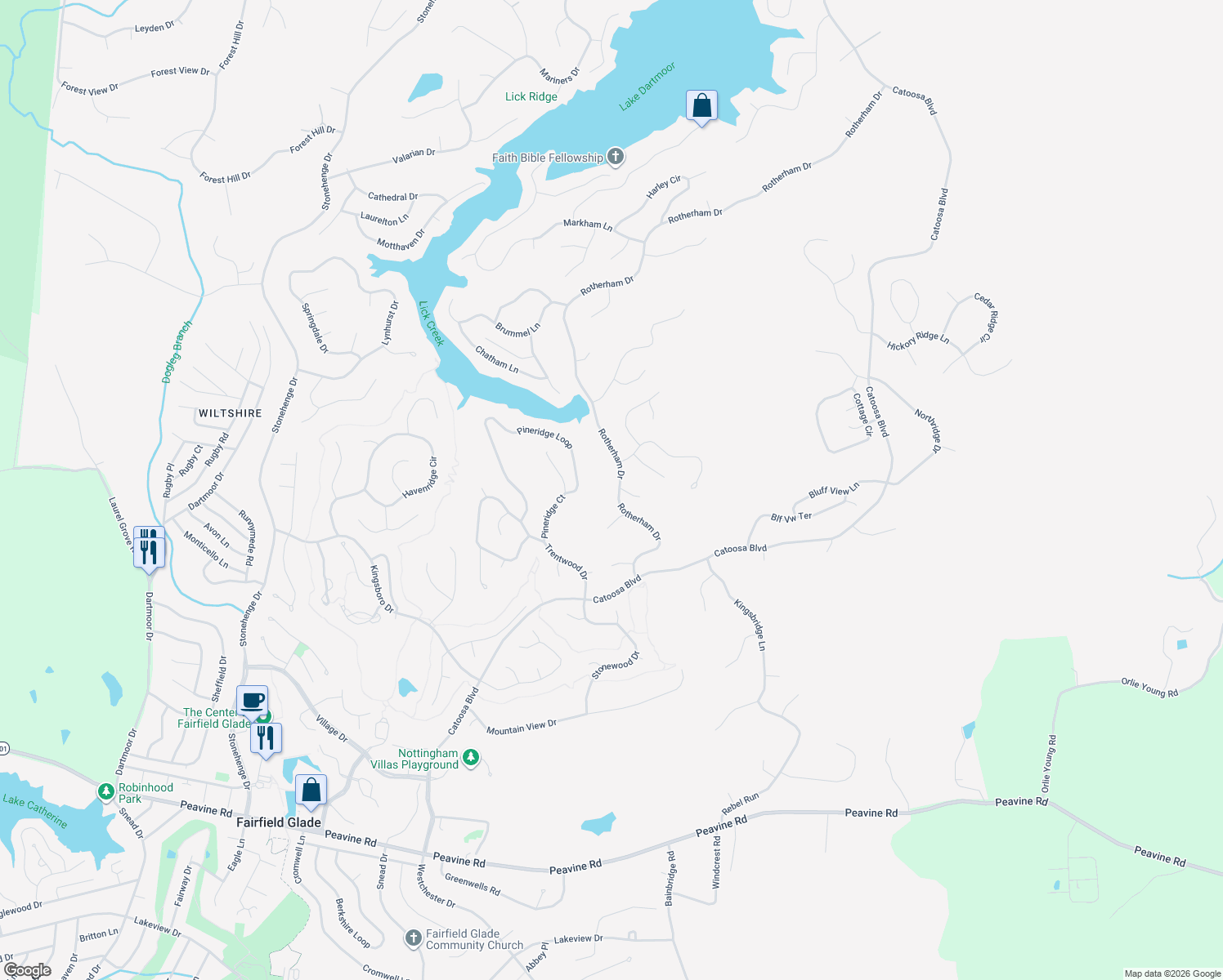 map of restaurants, bars, coffee shops, grocery stores, and more near 143 Rotherham Drive in Crossville