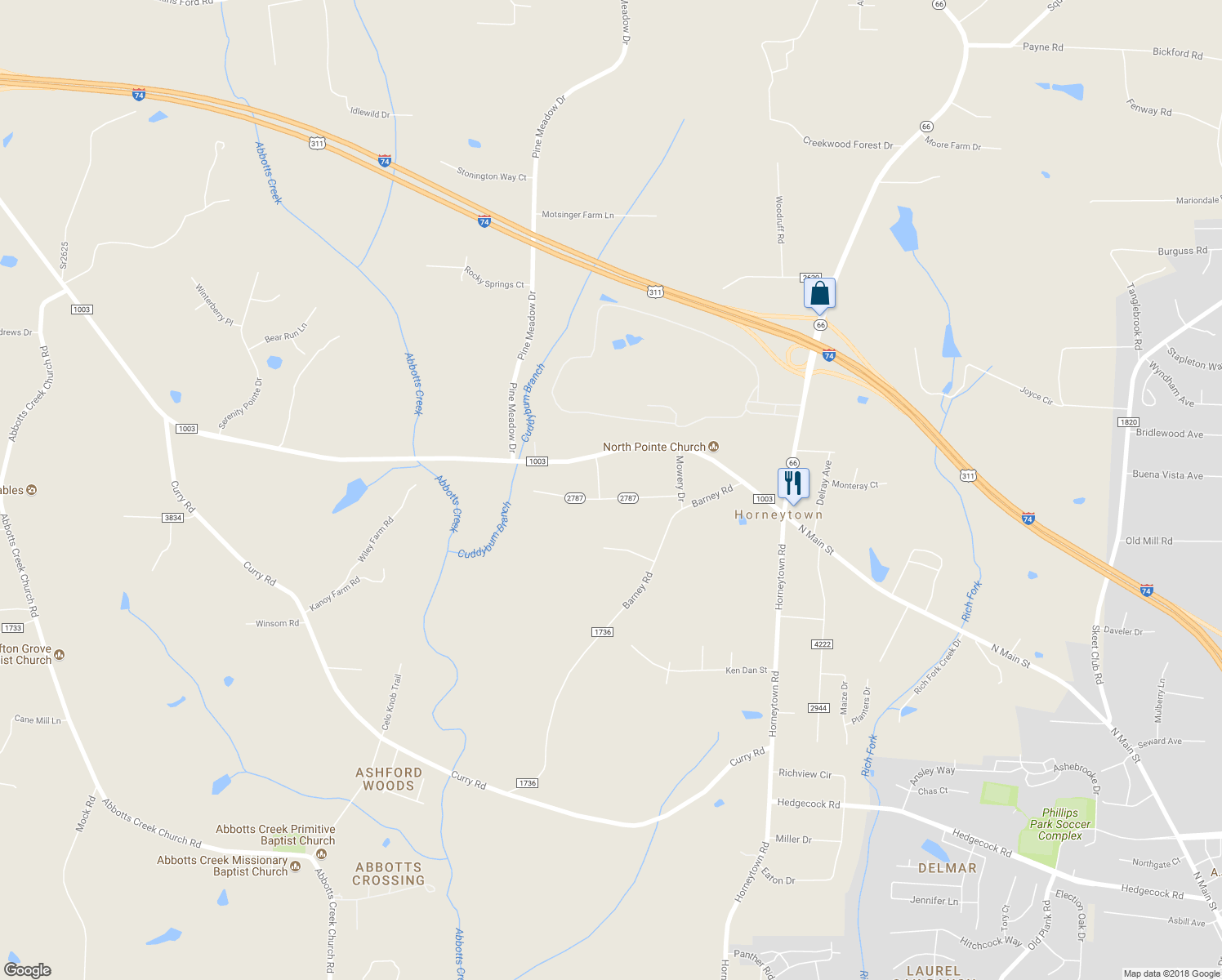 map of restaurants, bars, coffee shops, grocery stores, and more near 5155 Hillwood Drive in Kernersville