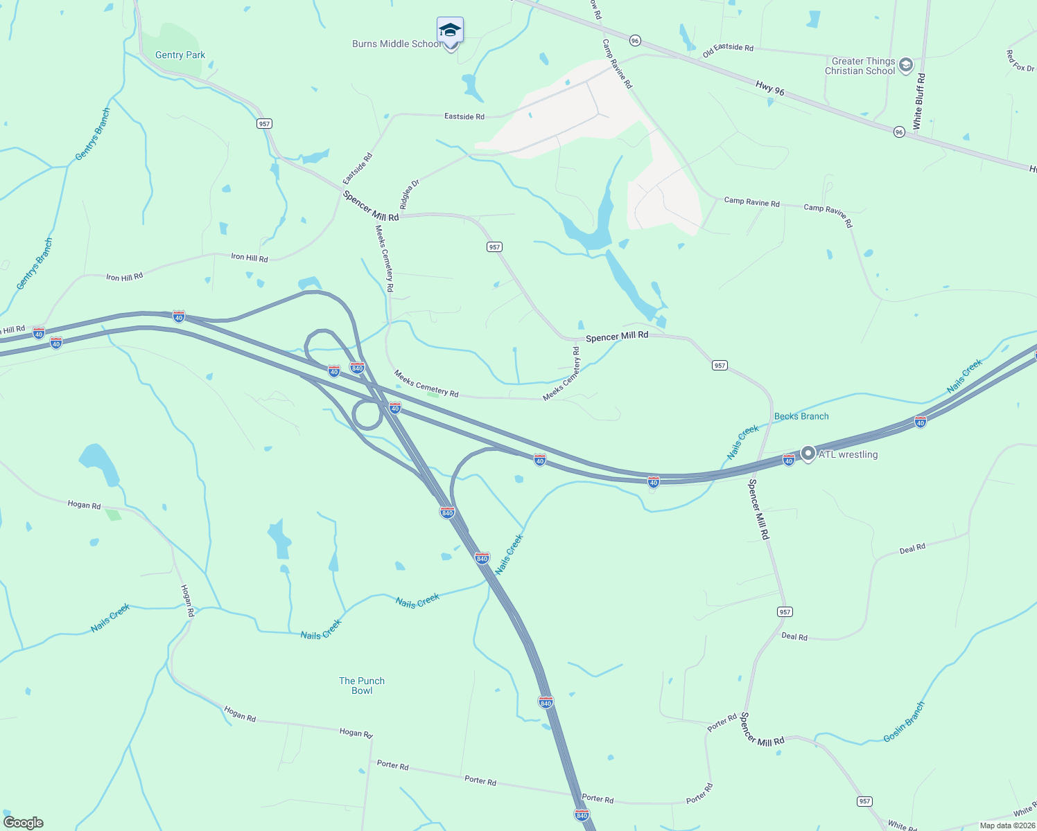 map of restaurants, bars, coffee shops, grocery stores, and more near 1226 Meeks Cemetery Rd in Burns